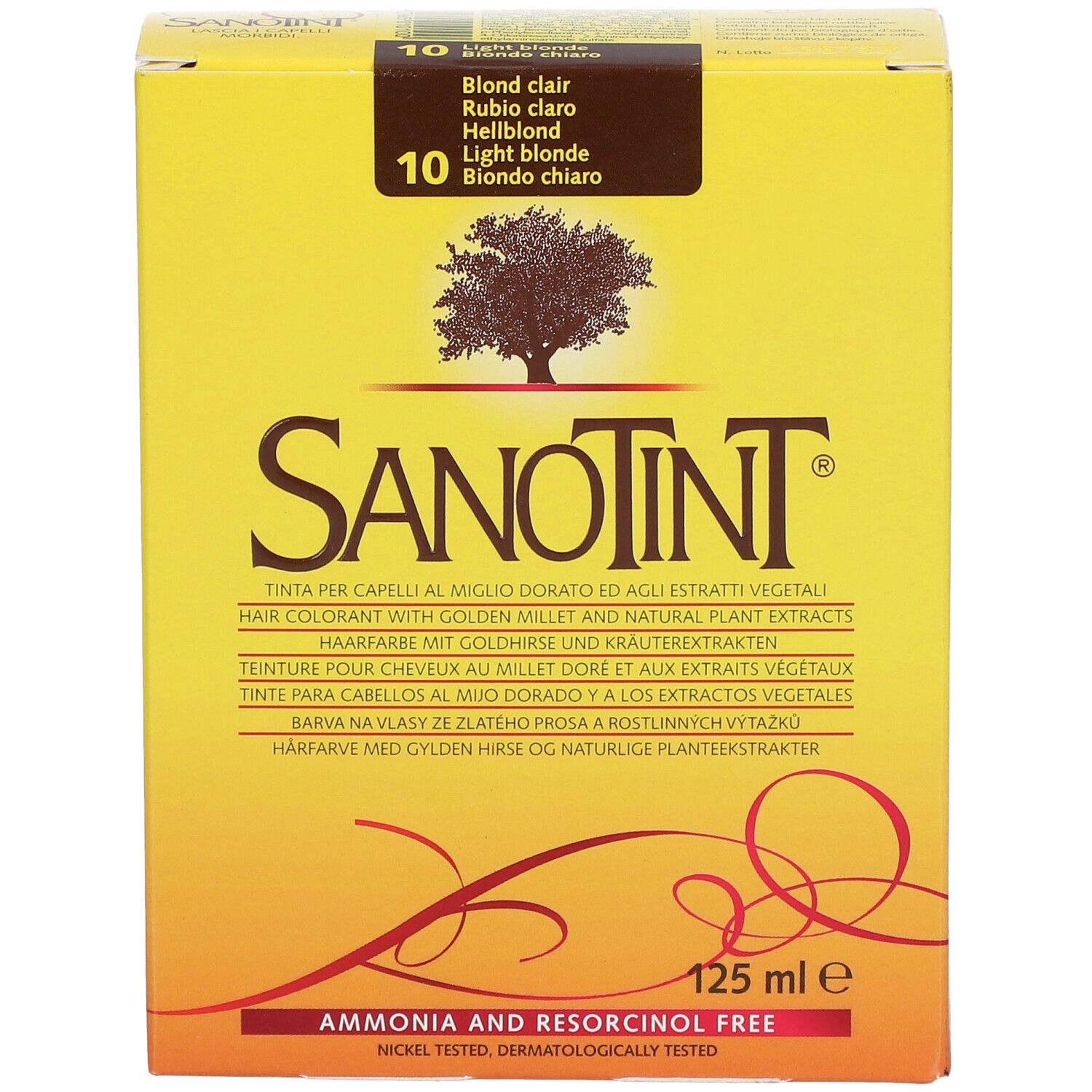 Boîte jaune SANOTINT® Hellblond, vue de face. Logo et nom du produit. 125 ml. Sans ammoniaque ni résorcinol.