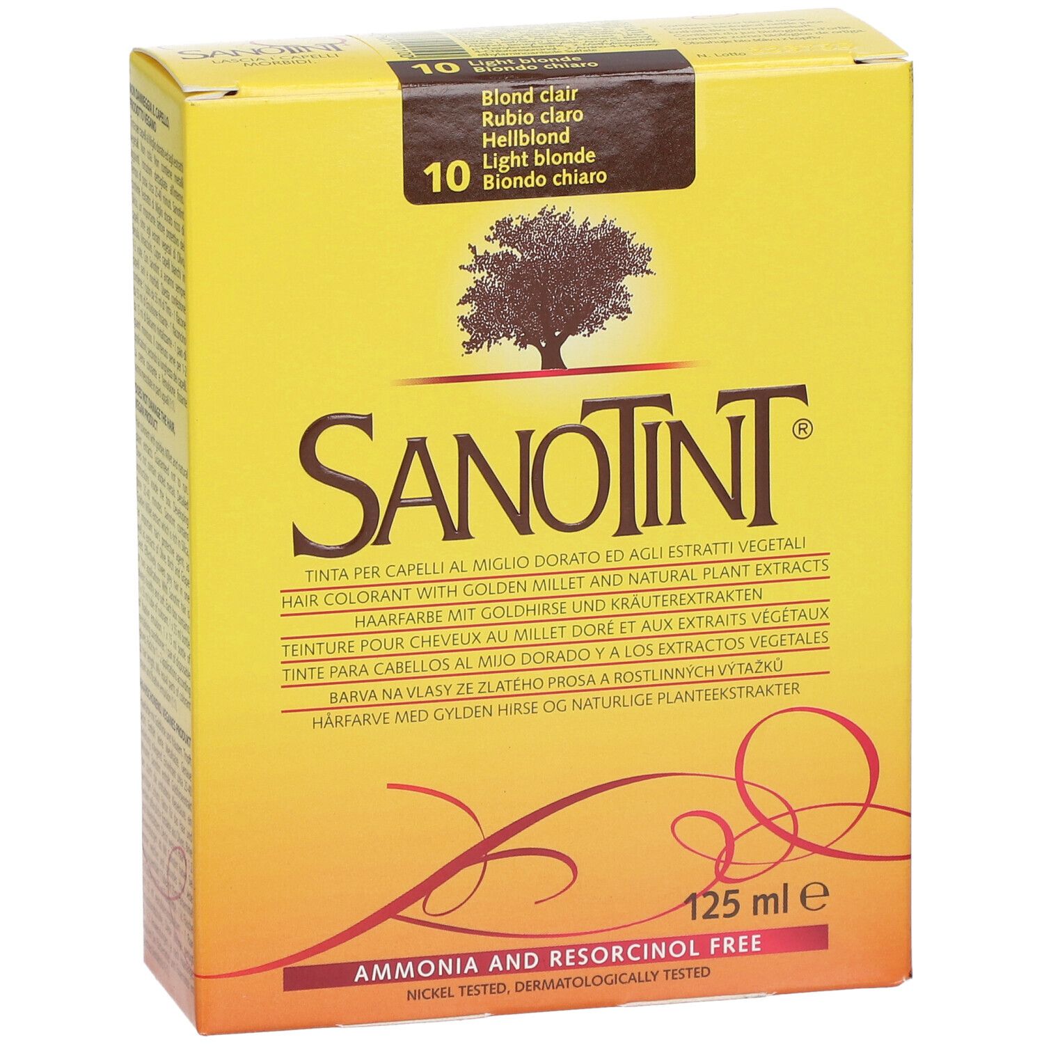 Boîte jaune SANOTINT® Hellblond, vue de face. Logo et nom du produit. 125 ml. Sans ammoniaque ni résorcinol.