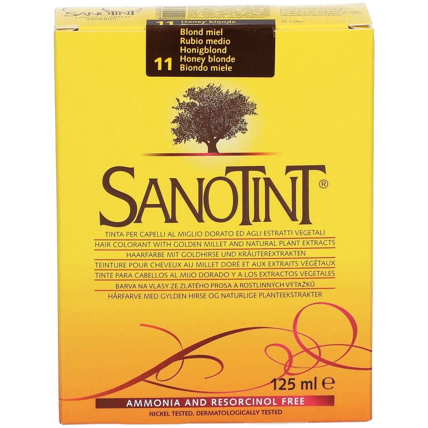 Gelbe Schachtel mit SANOTINT®-Logo und Produktbezeichnung. Farbton: Nr. 11 Honigblond. Enthält 125 ml. Frei von Ammoniak und Resorcinol.