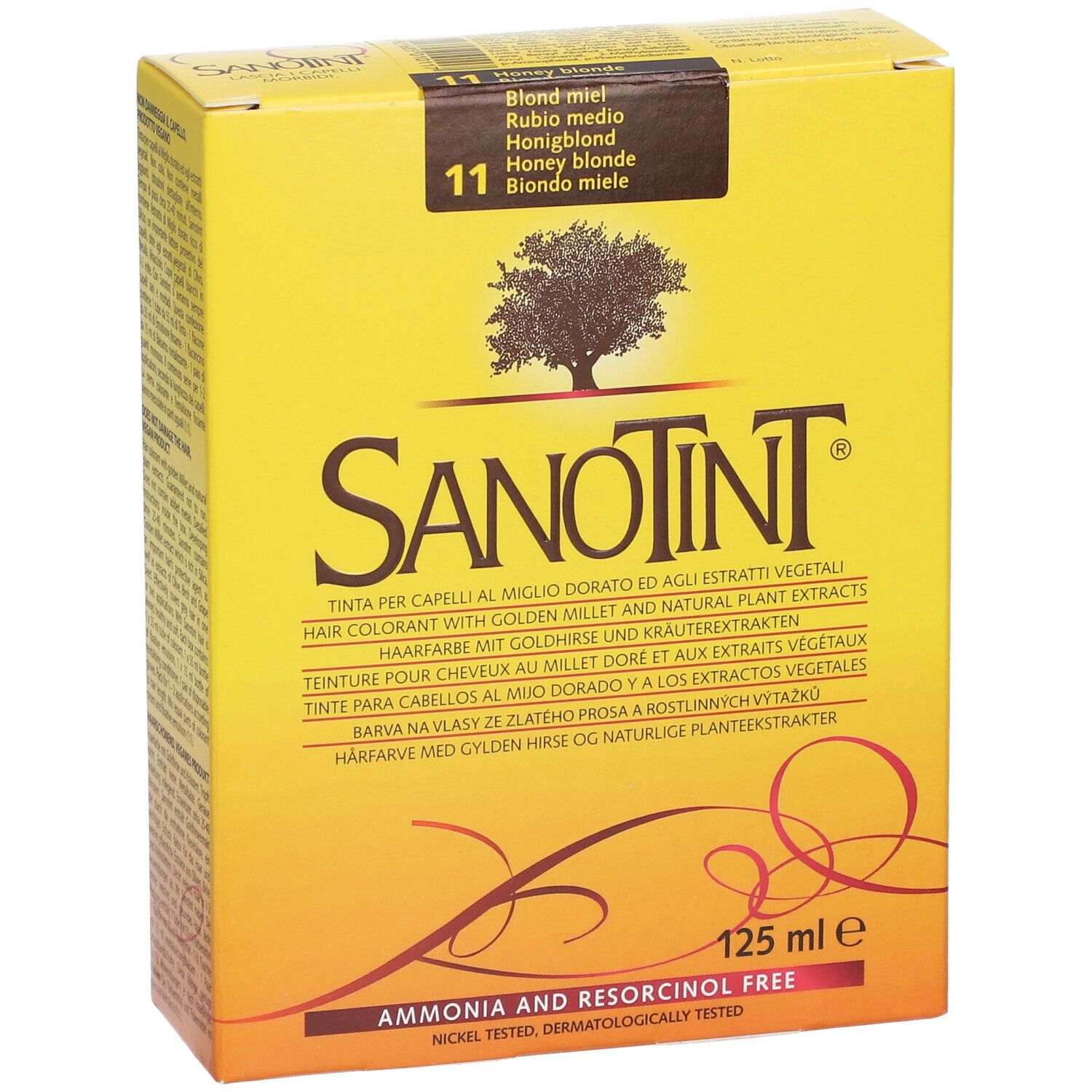 Gelbe Schachtel mit SANOTINT®-Logo und Produktbezeichnung. Farbton: Nr. 11 Honigblond. Enthält 125 ml. Frei von Ammoniak und Resorcinol.