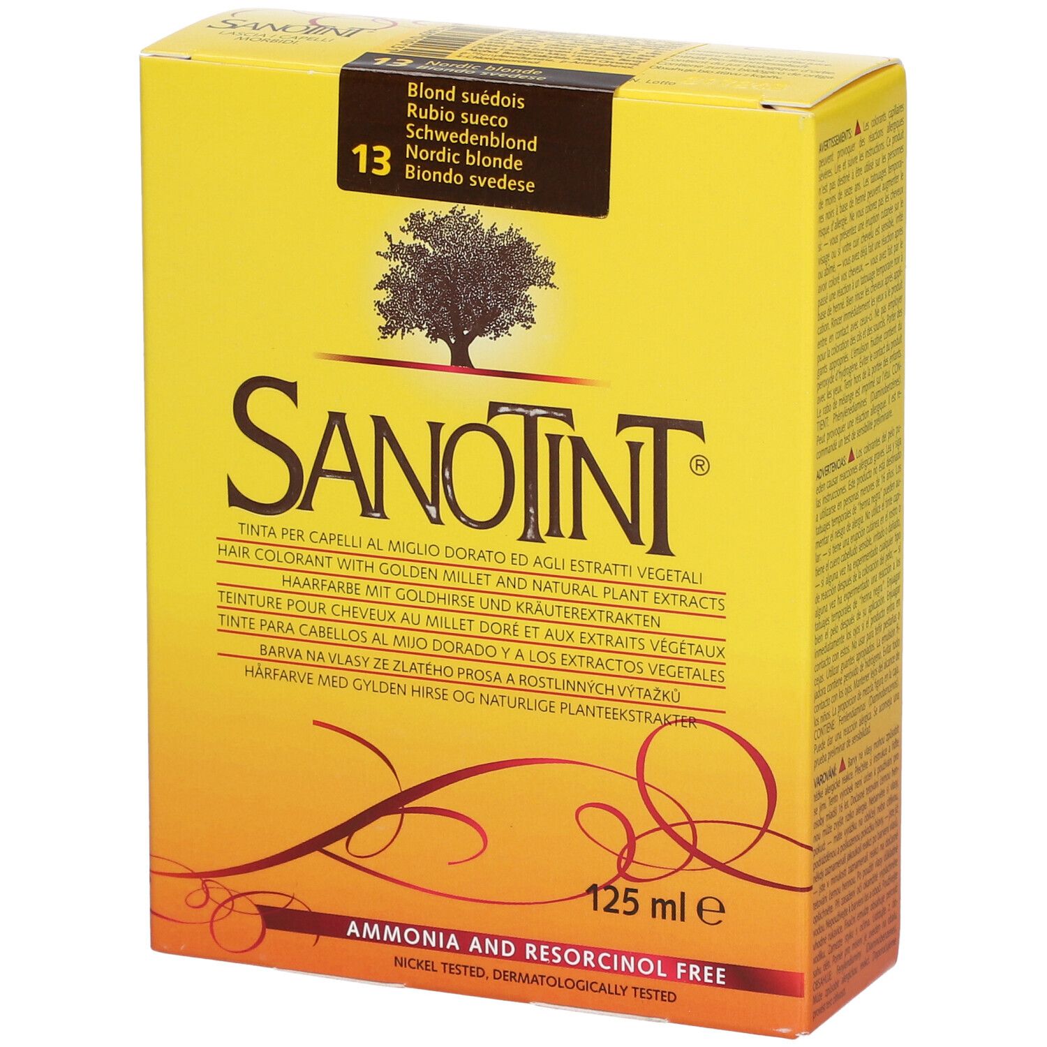 Gelbe Schachtel mit SANOTINT-Logo und Produktbezeichnung. Aufschrift: Nr. 13 Schwedenblond. 125 ml. Frei von Ammoniak und Resorcin.