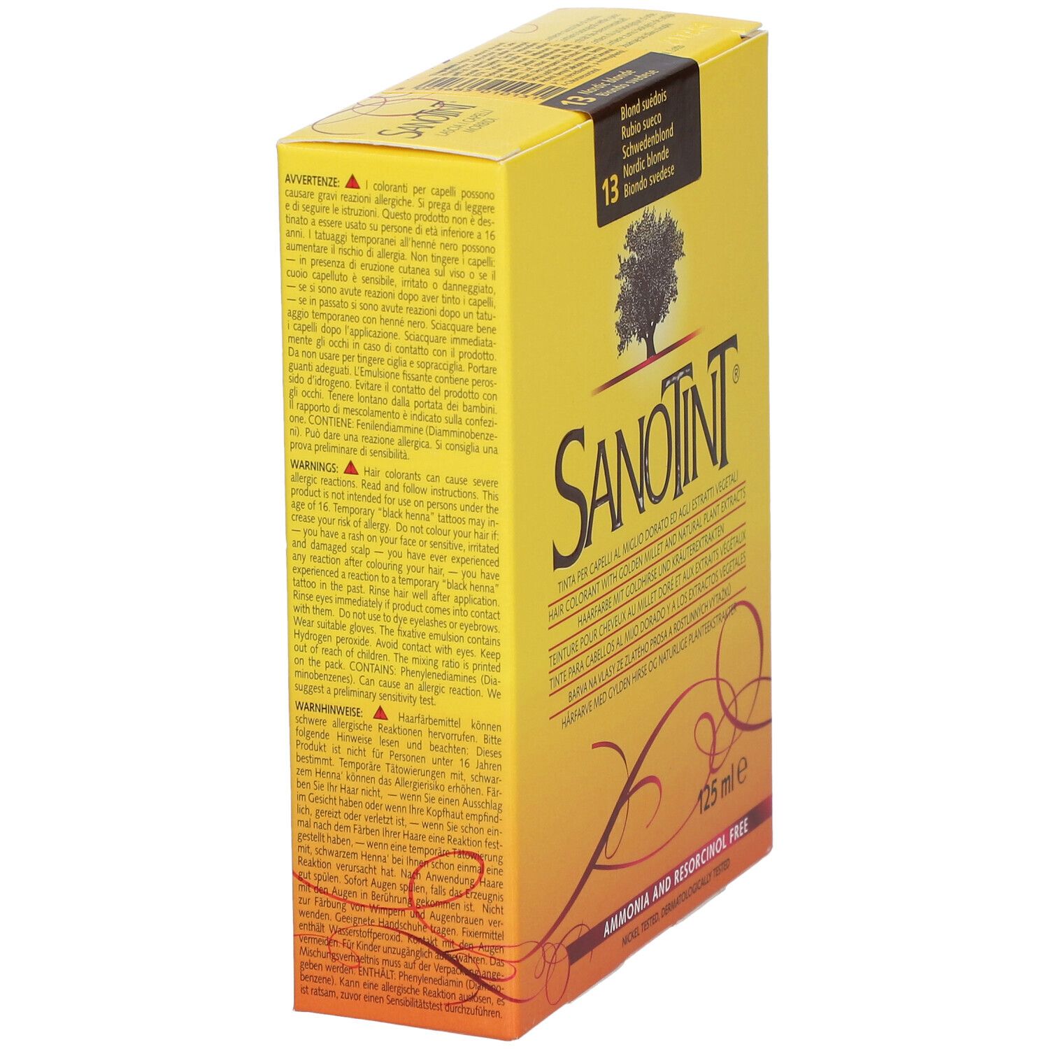 Gelbe Schachtel, SANOTINT-Produkt. Aufschrift: Nr. 13 Schwedenblond. Text in mehreren Sprachen. Warnhinweise und Gebrauchsanweisung.