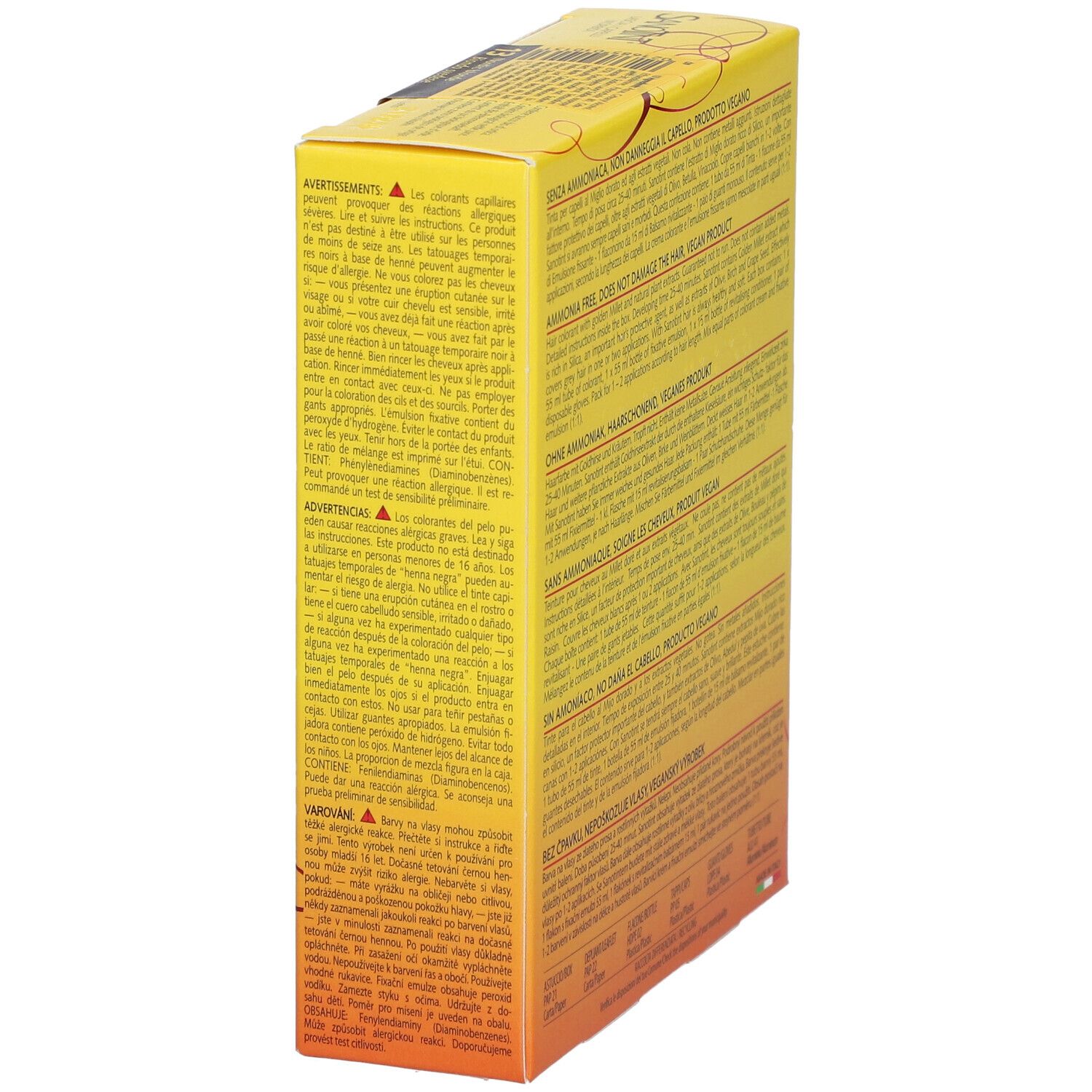 Seite der gelben SANOTINT-Schachtel. Text in mehreren Sprachen. Warnhinweise und Gebrauchsanweisung.