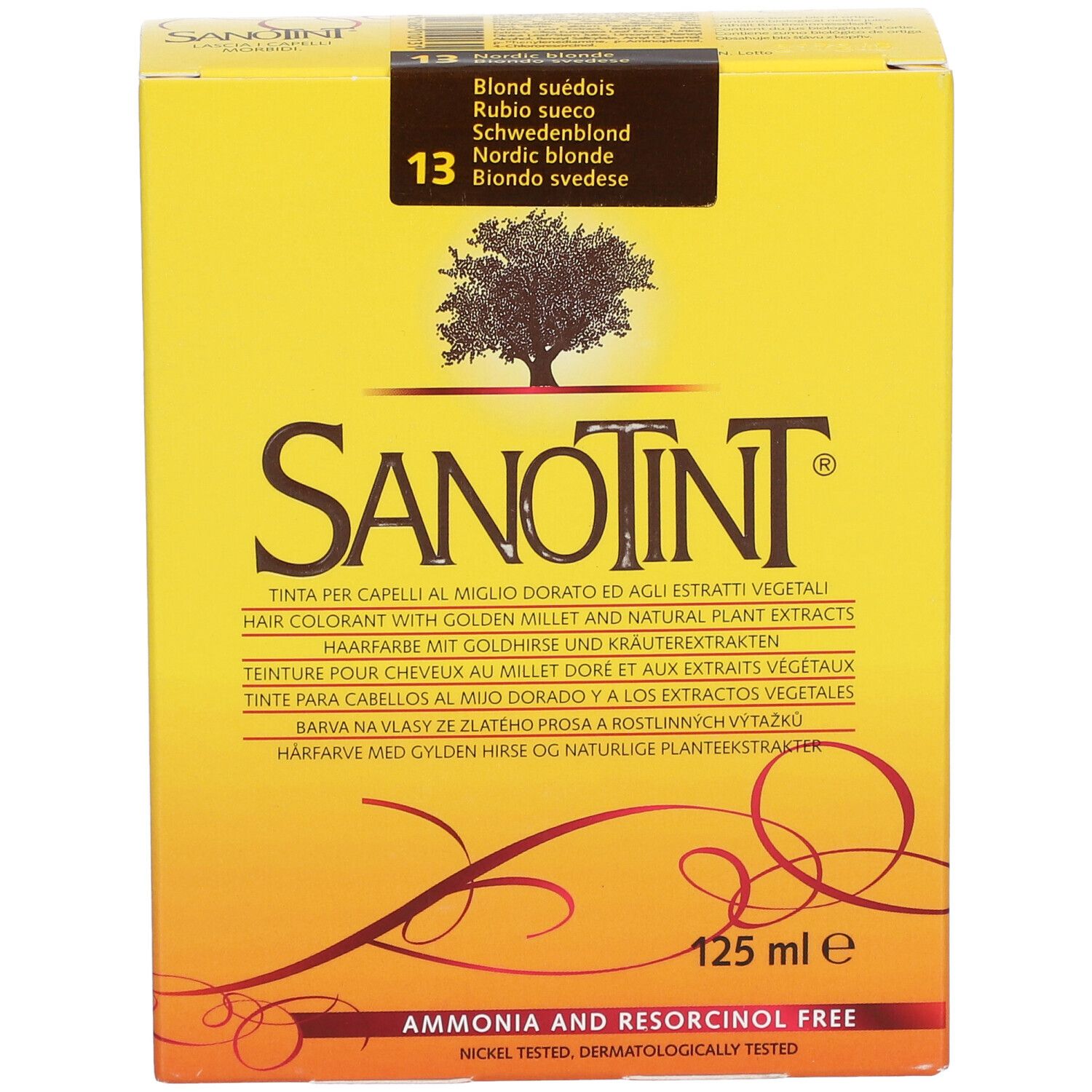 Gelbe Schachtel mit SANOTINT-Logo und Produktbezeichnung. Aufschrift: Nr. 13 Schwedenblond. 125 ml. Frei von Ammoniak und Resorcin.