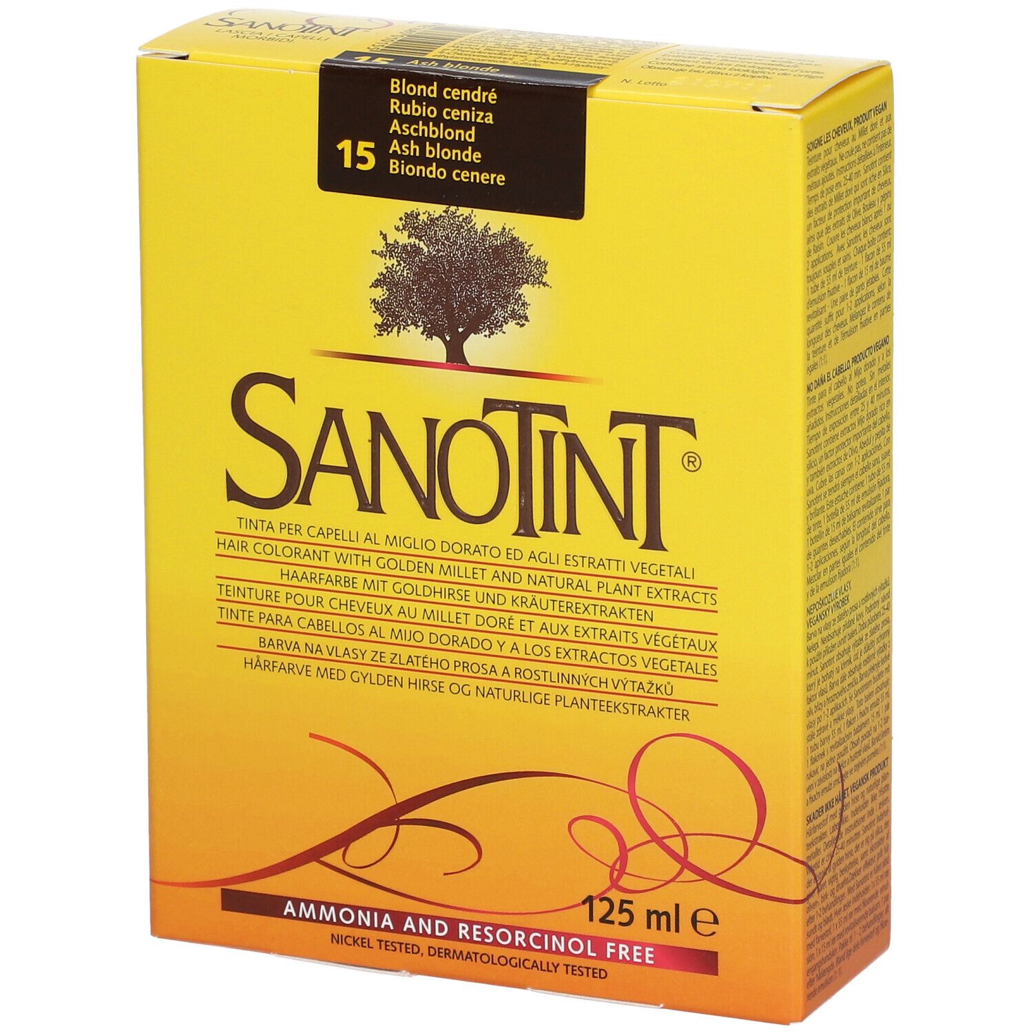 Boîte jaune SANOTINT® Haarfärbemittel. Inscription: 15 Aschblond. Contient 125 ml. Sans ammoniaque ni résorcinol.