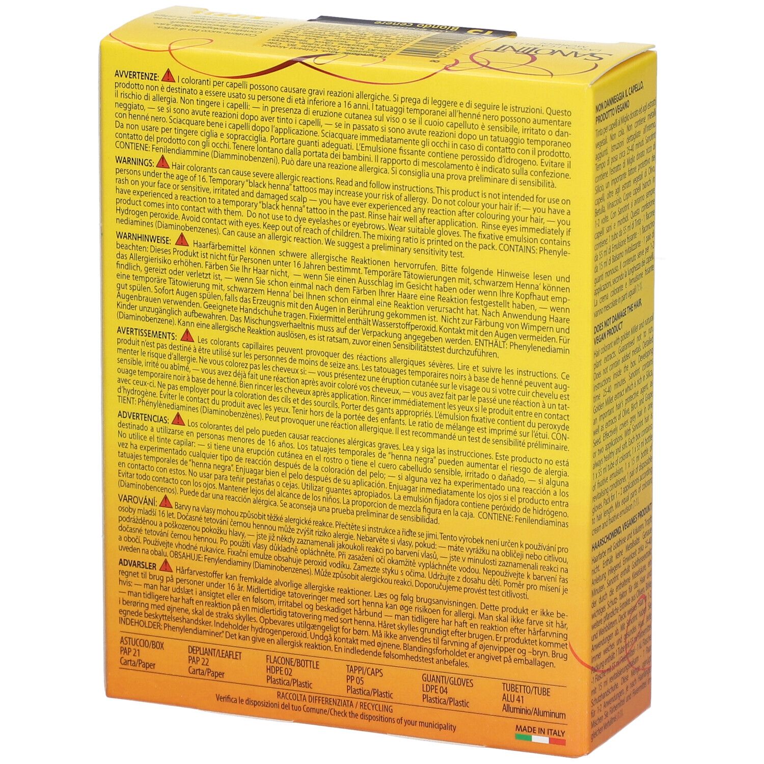 Dos de la boîte jaune SANOTINT® Haarfärbemittel. Texte multilingue. Contient des avertissements et des instructions d'utilisation.