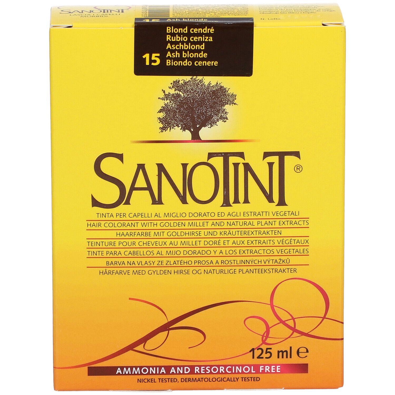 Boîte jaune SANOTINT® Haarfärbemittel. Inscription: 15 Aschblond. Contient 125 ml. Sans ammoniaque ni résorcinol.