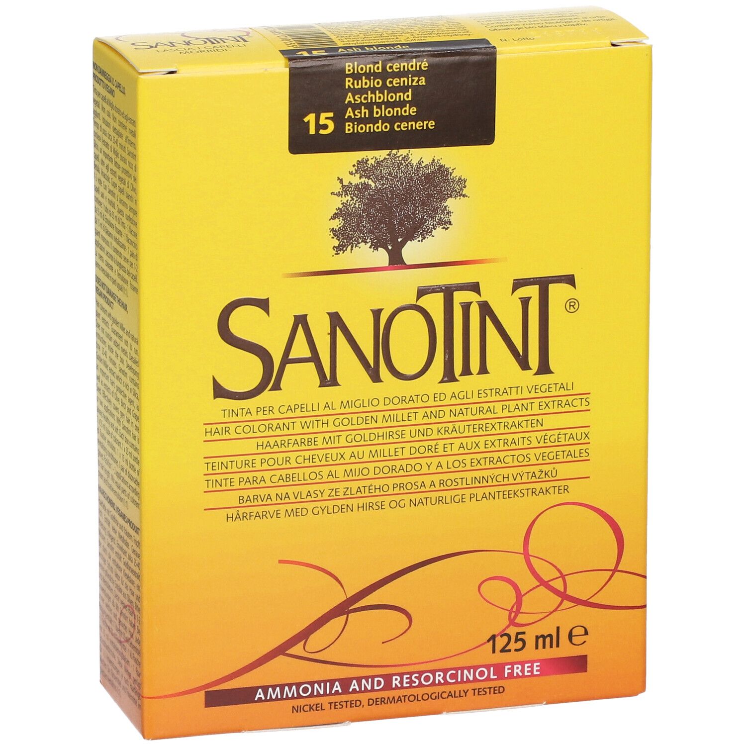 Boîte jaune SANOTINT® Haarfärbemittel. Inscription: 15 Aschblond. Contient 125 ml. Sans ammoniaque ni résorcinol.