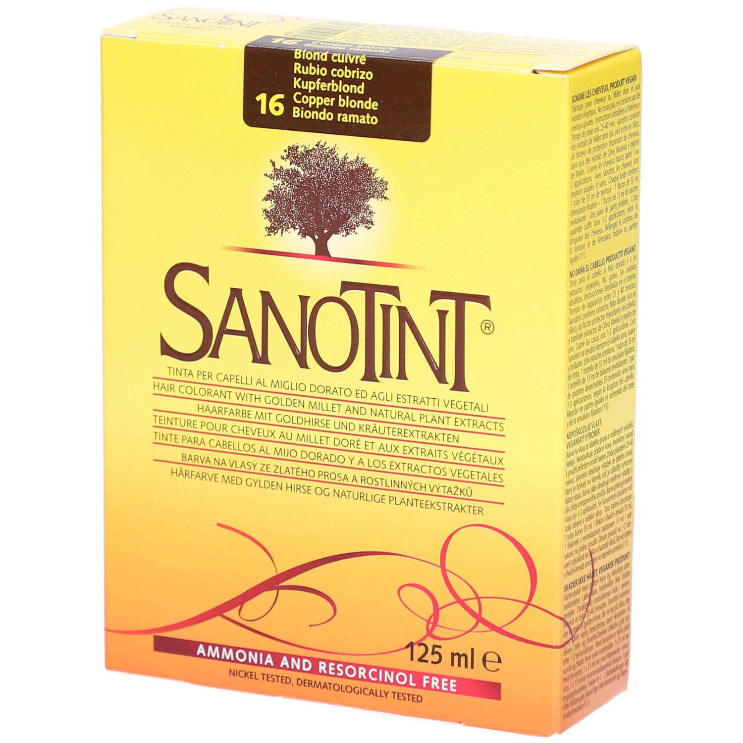 Gelbe Schachtel mit SANOTINT-Logo und Produktbezeichnung. Enthält 125 ml. Kupferblond-Farbton 16.