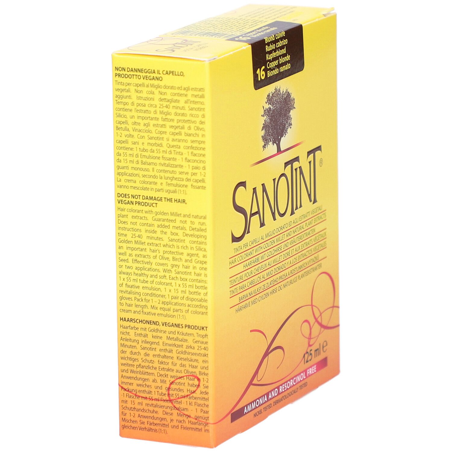 Gelbe Schachtel, SANOTINT-Logo, 125 ml. Kupferblond-Farbton 16. Text auf der Seite. Vegan.
