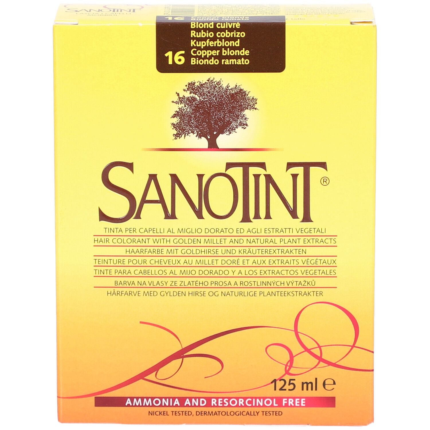 Gelbe Schachtel mit SANOTINT-Logo. Kupferblond-Farbton 16. 125 ml. Ohne Ammoniak und Resorcinol.