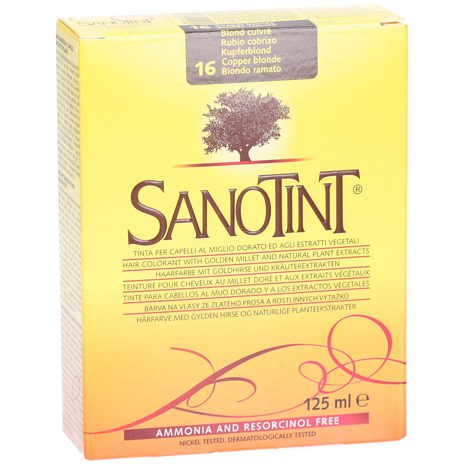 Gelbe Schachtel mit SANOTINT-Logo. Kupferblond-Farbton 16. 125 ml. Ohne Ammoniak und Resorcinol.