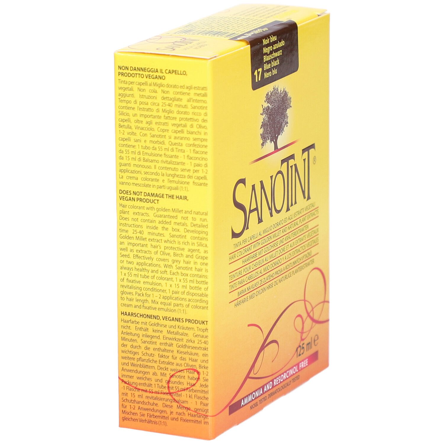 Gelbe Schachtel mit SANOTINT. Rückseite mit Text in mehreren Sprachen. Aufkleber mit Farbnummer 17.