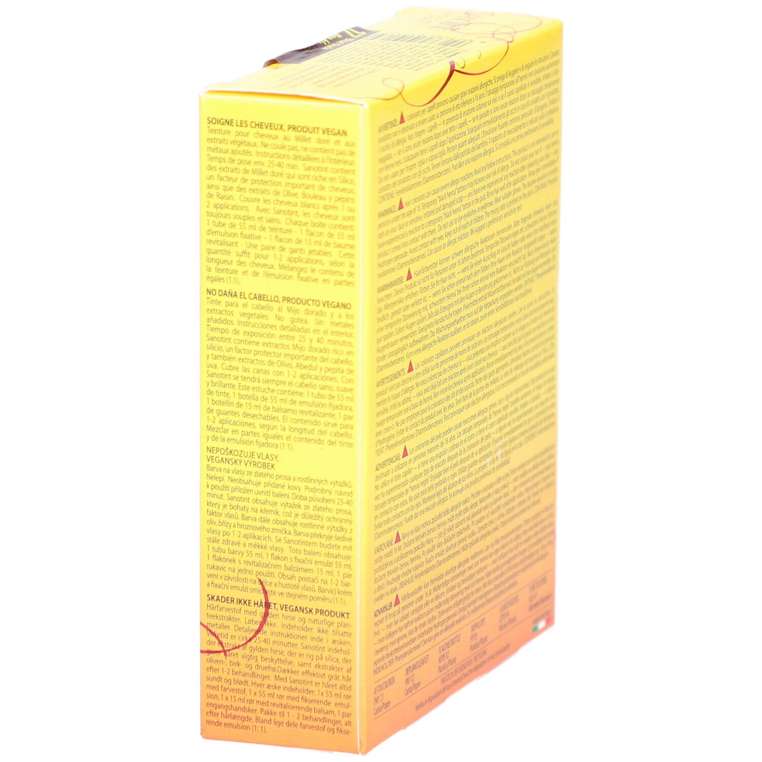 Gelbe Schachtel mit Text in mehreren Sprachen. Enthält Produktinformationen. Seitenansicht.