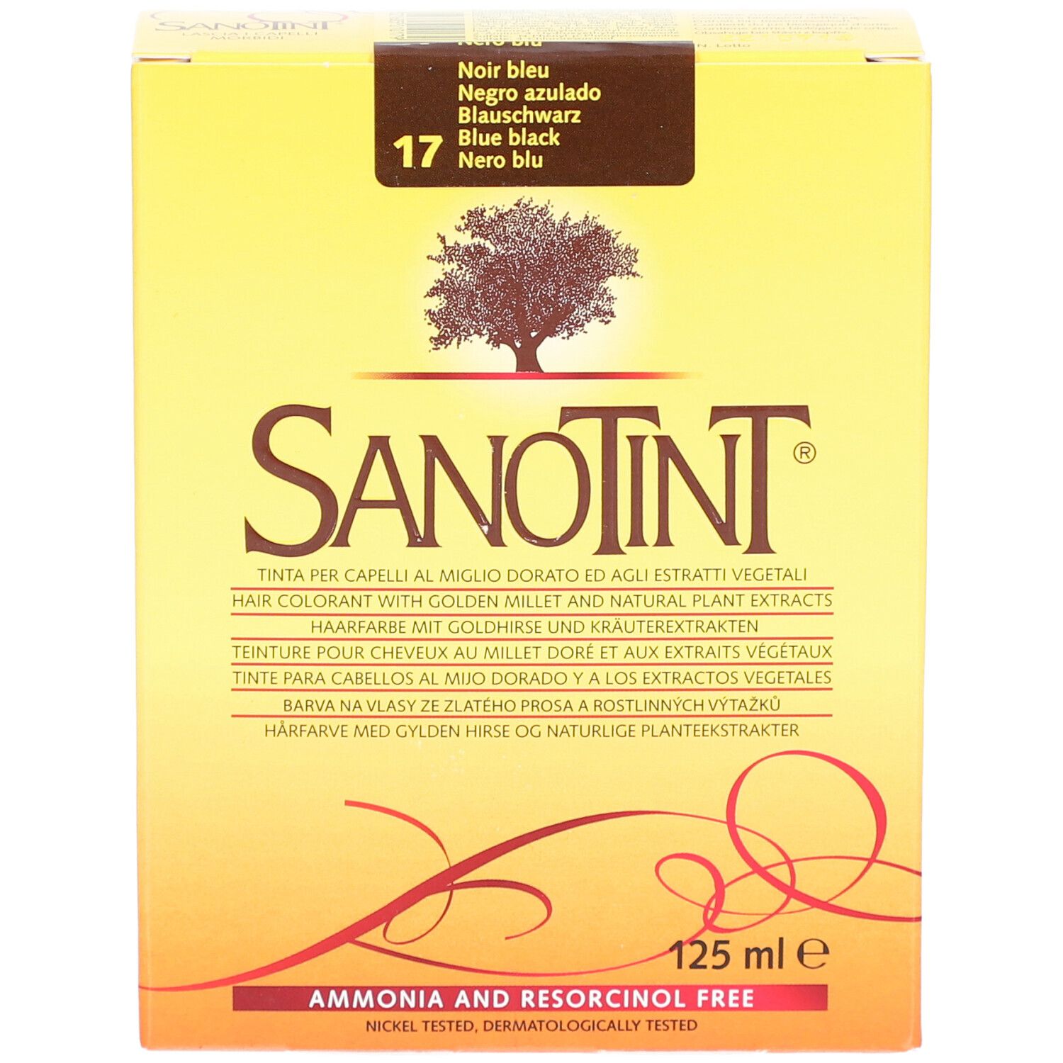 Gelbe Schachtel mit SANOTINT-Logo und Text. Enthält Farbnummer 17. Aufschrift: 125 ml e.