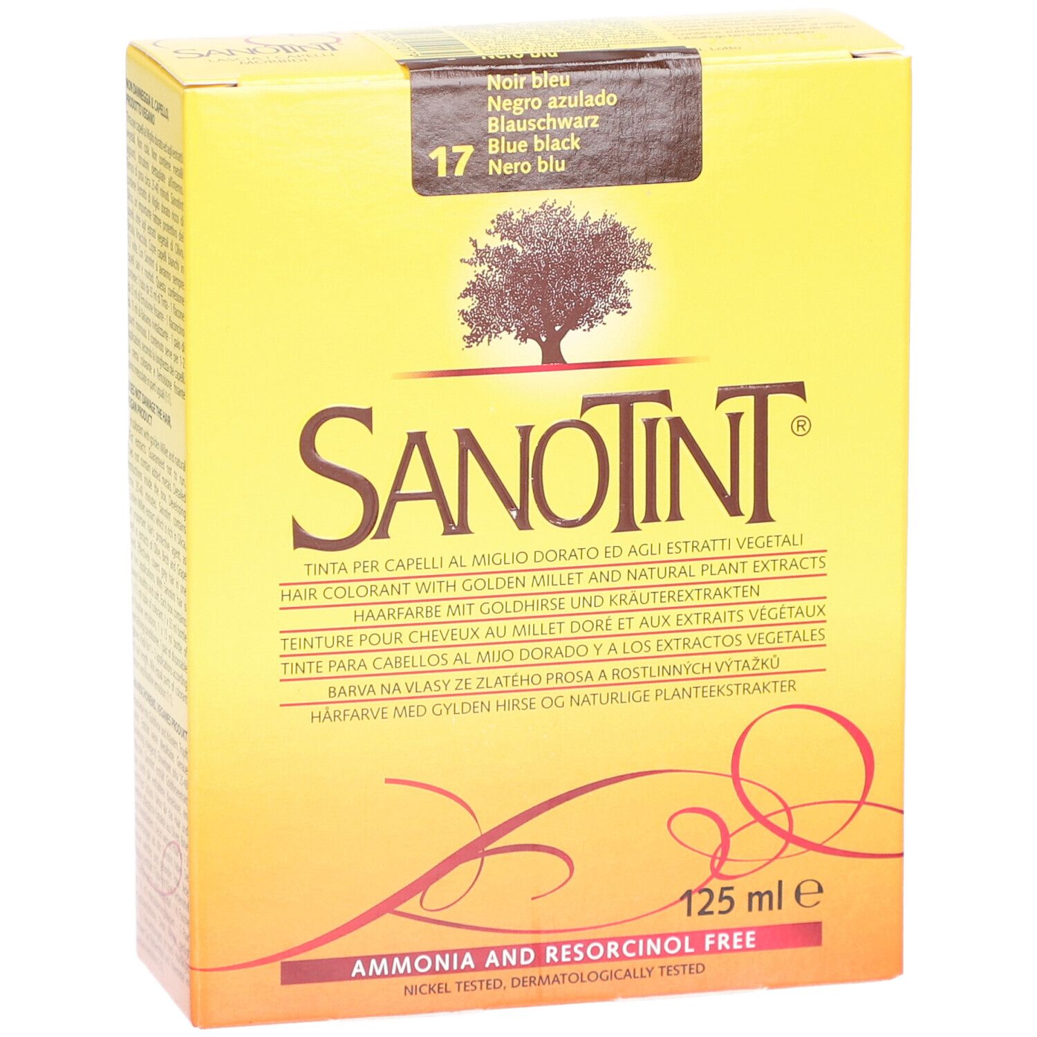 Gelbe Schachtel mit SANOTINT-Logo und Text. Enthält Farbnummer 17. Aufschrift: 125 ml e.