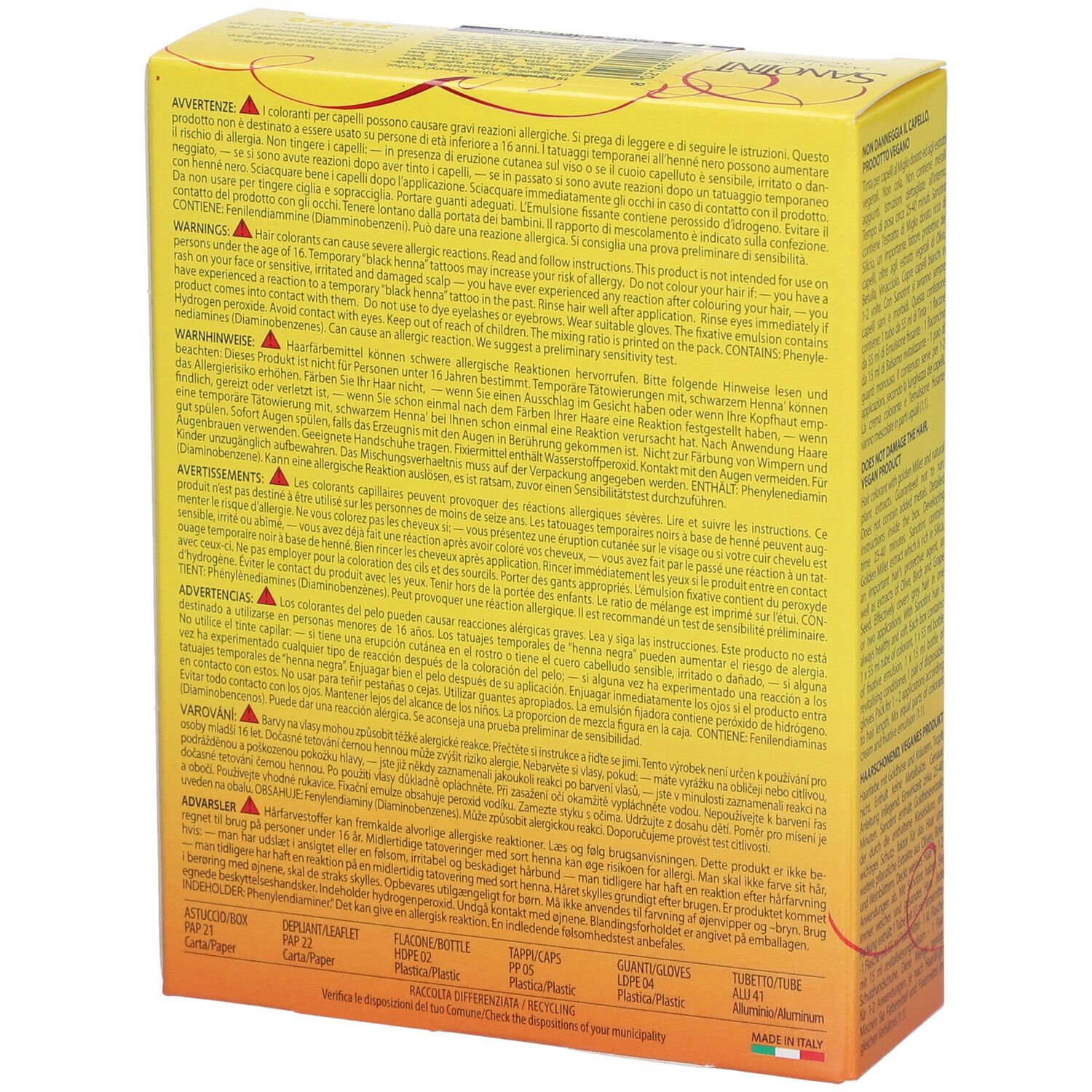 Boîte jaune avec texte multilingue. Contient des avertissements. Inscription : N° 19 Blond très clair. Fabriqué en Italie.
