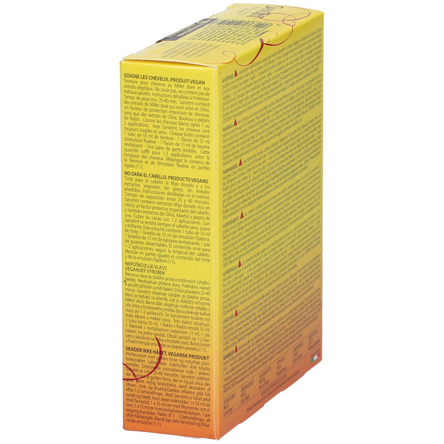 Boîte jaune avec texte multilingue. Contient des informations sur le produit. Inscription : N° 19 Blond très clair. Vegan.