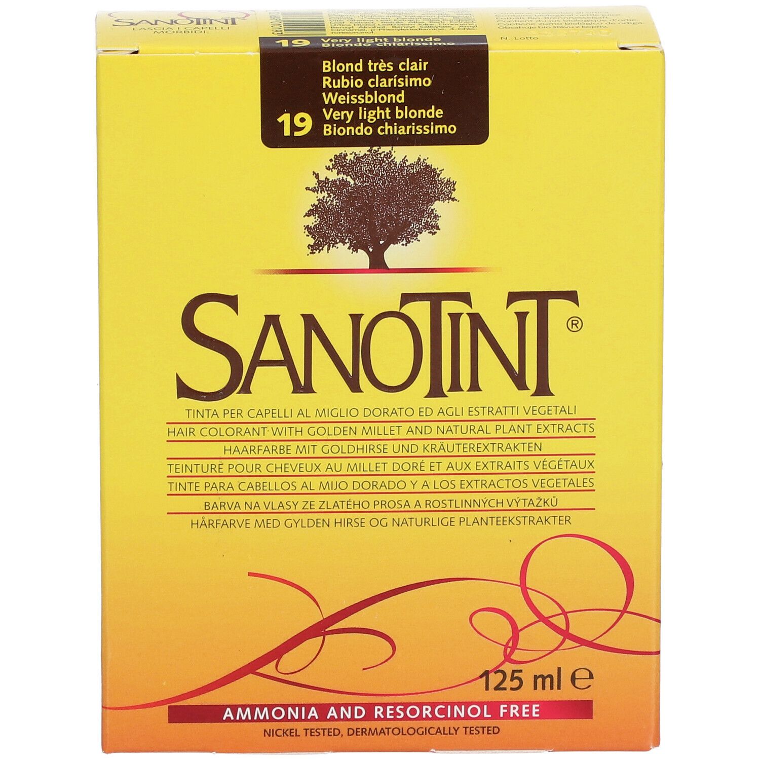 Boîte jaune SANOTINT avec indication du produit. Inscription : N° 19 Blond très clair. 125 ml. Sans ammoniaque.