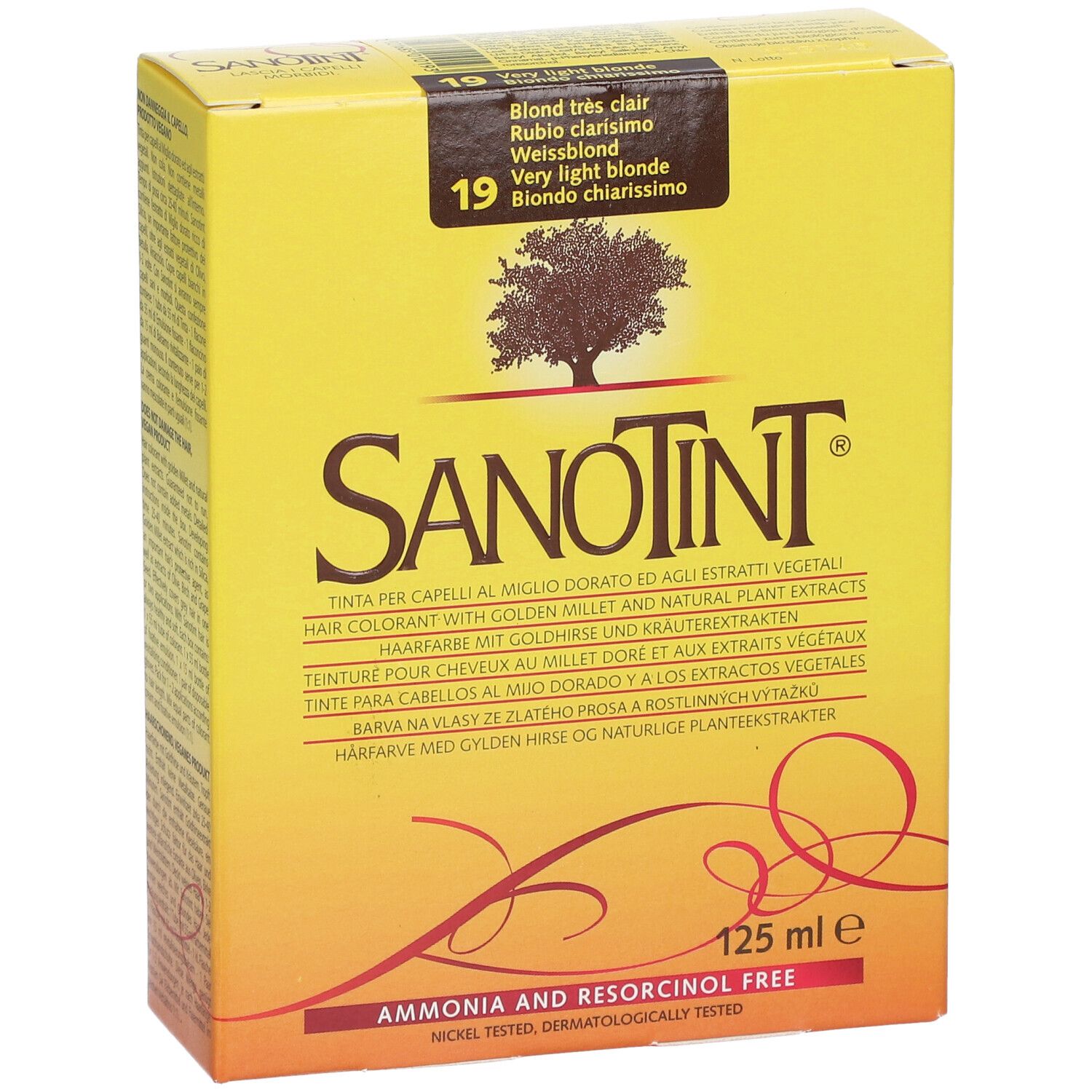 Boîte jaune SANOTINT avec indication du produit. Inscription : N° 19 Blond très clair. 125 ml. Sans ammoniaque.
