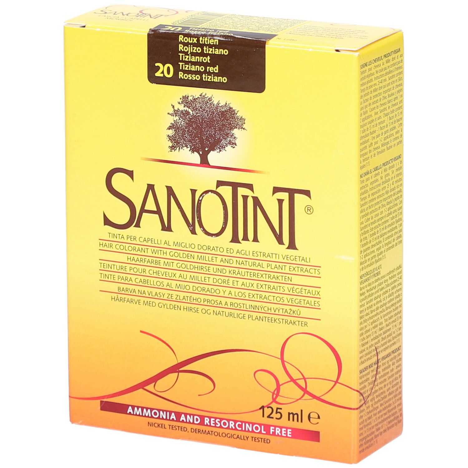 Gelbe Schachtel mit Produktnamen und Farbnummer. Text in mehreren Sprachen. "Ammonia and Resorcinol Free".
