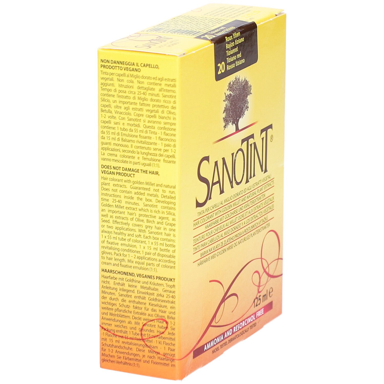 Gelbe Schachtel, Seitenansicht. Produktname und Farbnummer. Text in mehreren Sprachen. "Vegan Product".