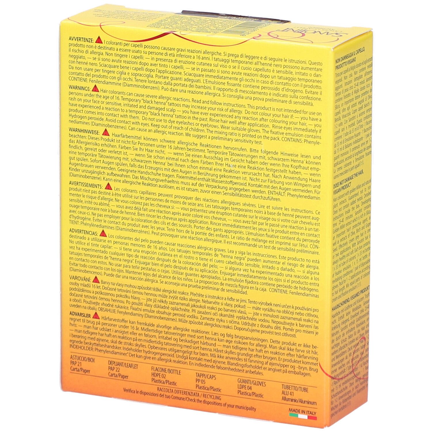 Gelbe Schachtel, Rückseite. Text in mehreren Sprachen. Warnhinweise und Inhaltsstoffe. Hergestellt in Italien.