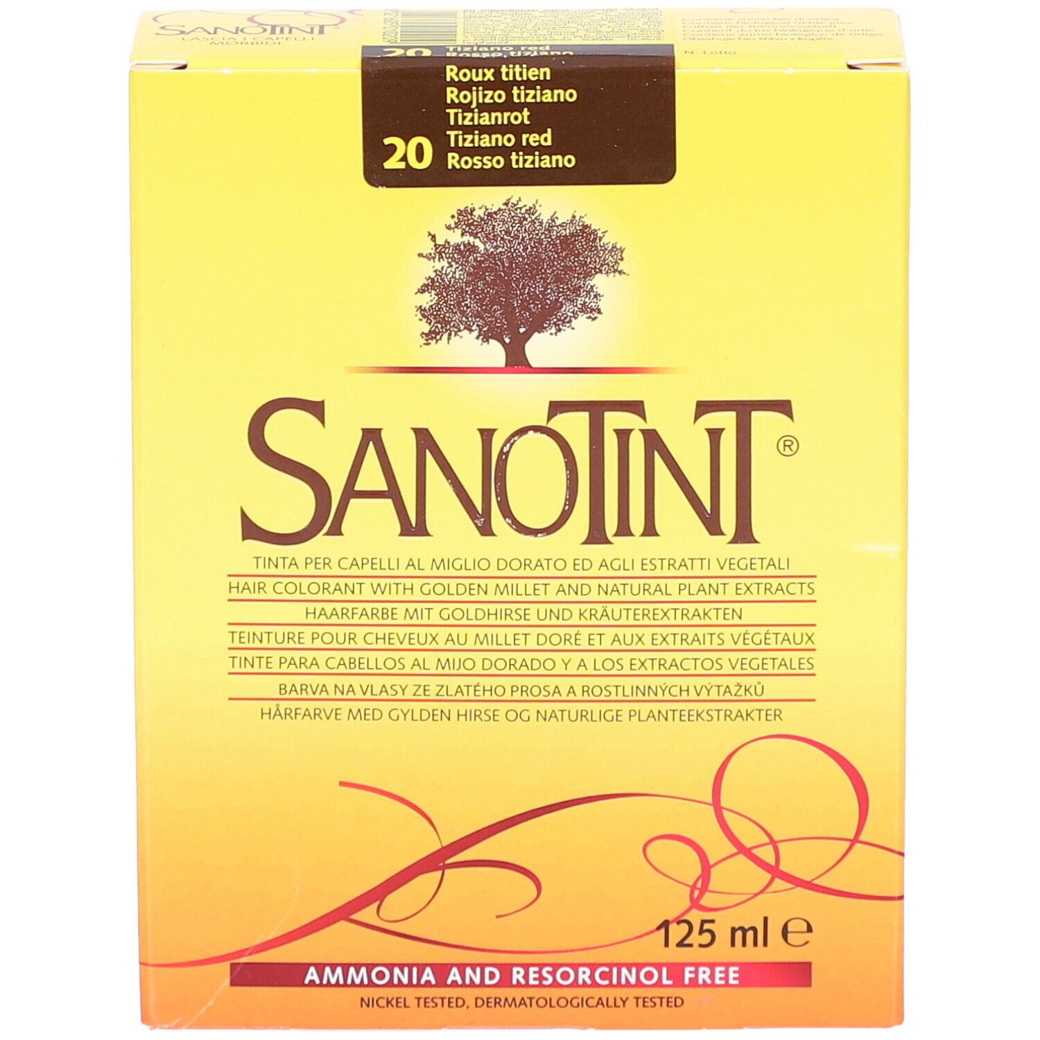 Gelbe Schachtel mit Produktnamen und Farbnummer. Text in mehreren Sprachen. "Ammonia and Resorcinol Free".