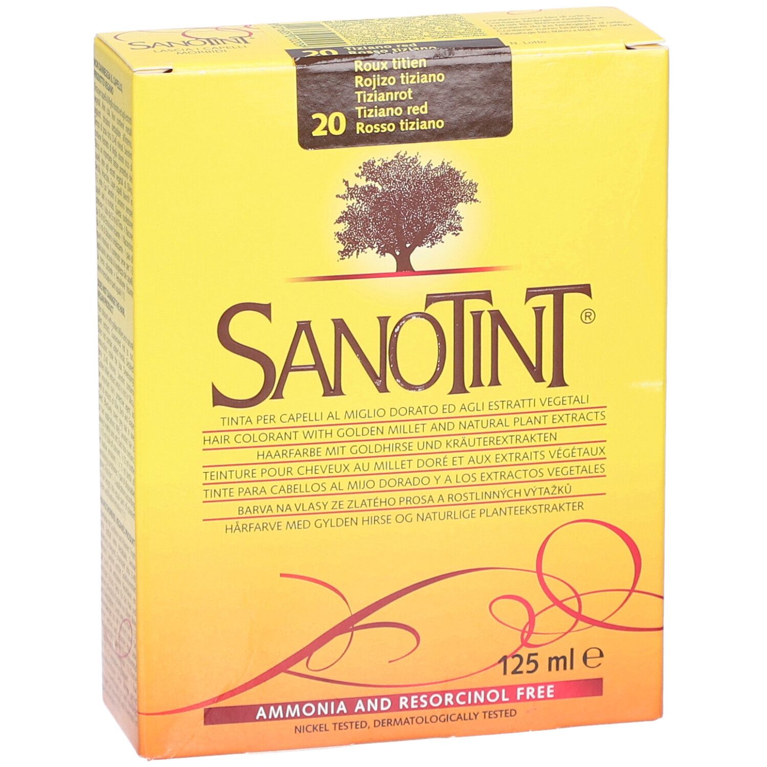 Gelbe Schachtel mit Produktnamen und Farbnummer. Text in mehreren Sprachen. "Ammonia and Resorcinol Free".