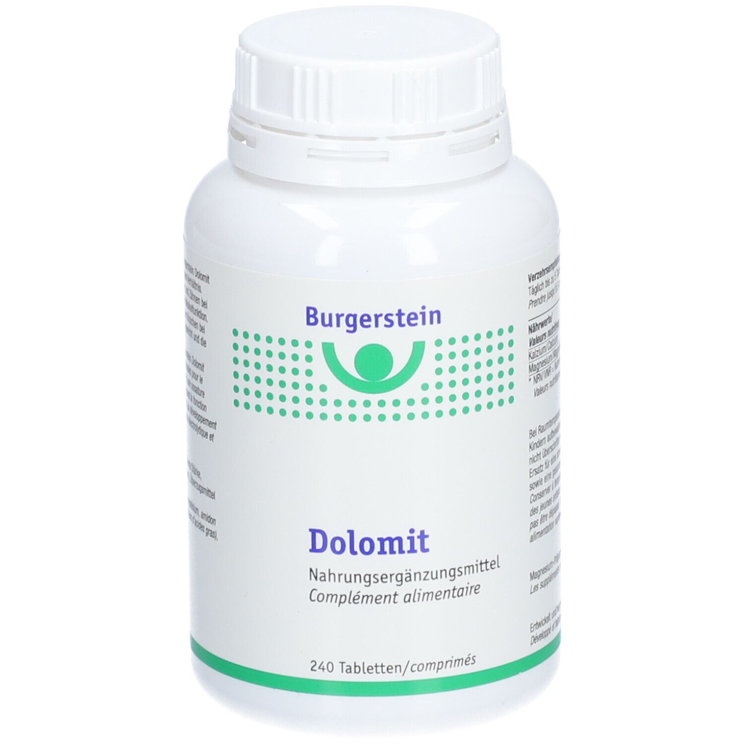 Weiße Flasche mit Burgerstein Dolomit Tabletten. Aufschrift: Nahrungsergänzungsmittel, 240 Tabletten. Grüner Deckel und Logo.