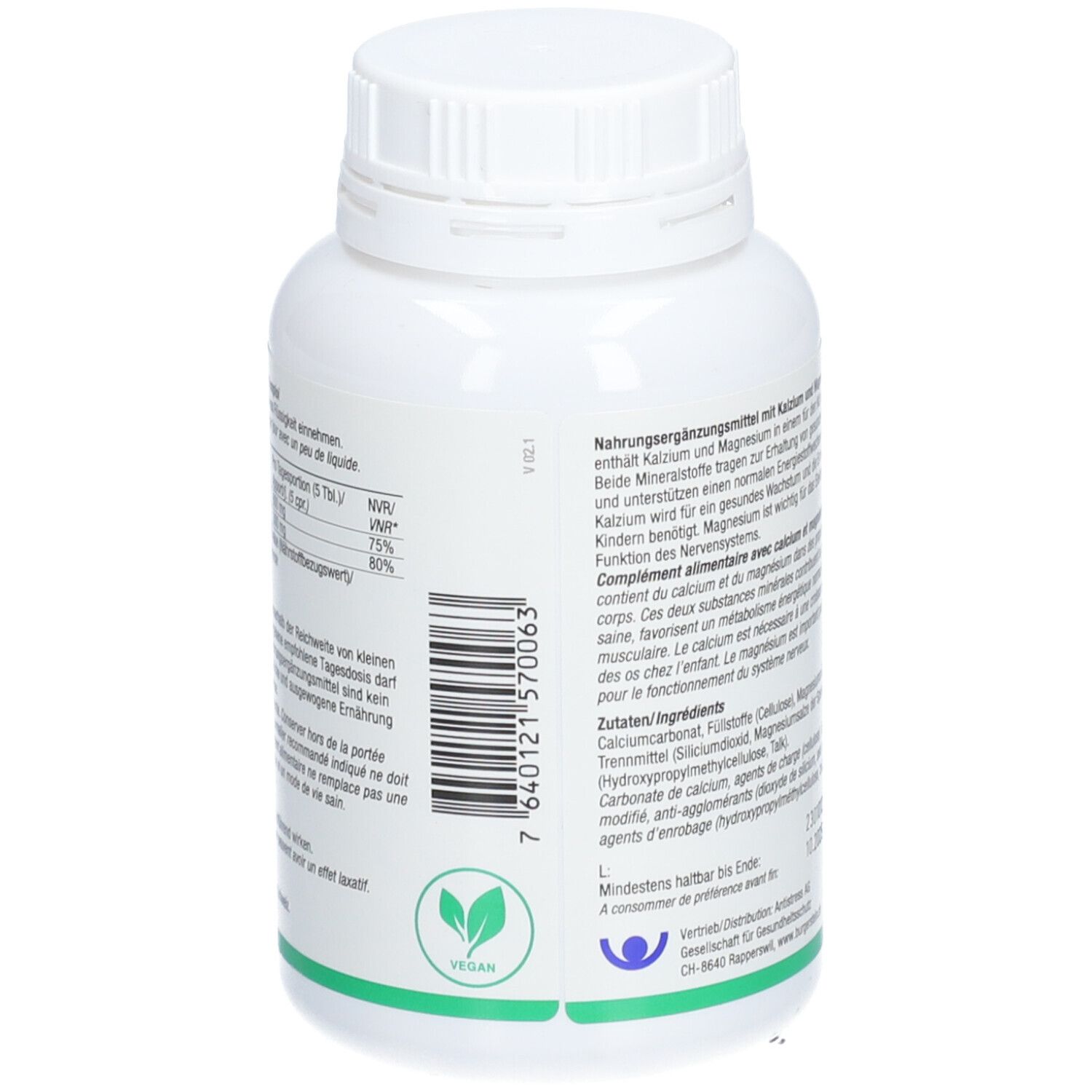 Rückseite der weißen Flasche Burgerstein Dolomit. Vegan-Siegel. Barcode. Textinformationen, Inhaltsstoffe, Herstellerangaben.