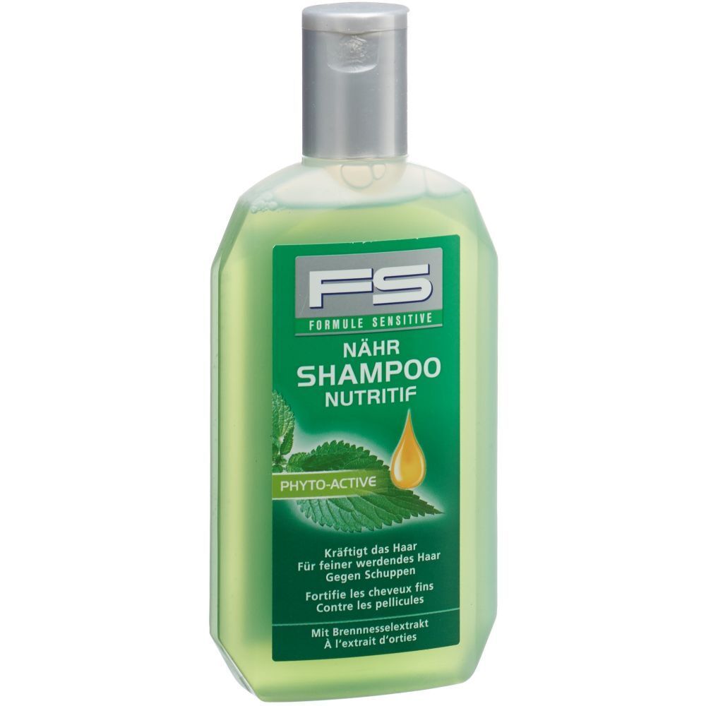 Grüne Shampoo-Flasche mit silbernem Deckel. Aufschrift: FS NÄHR SHAMPOO NUTRITIF. Mit Brennesselextrakt.