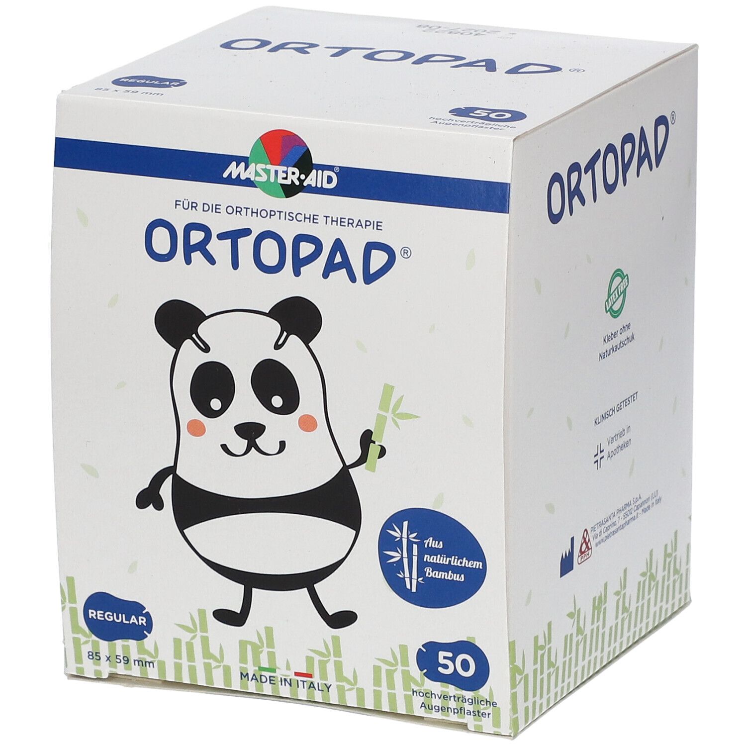Boîte d'Ortopad. Illustration panda. 50 pièces. 85x59mm. Logo Master-Aid. Pour thérapie orthoptique.