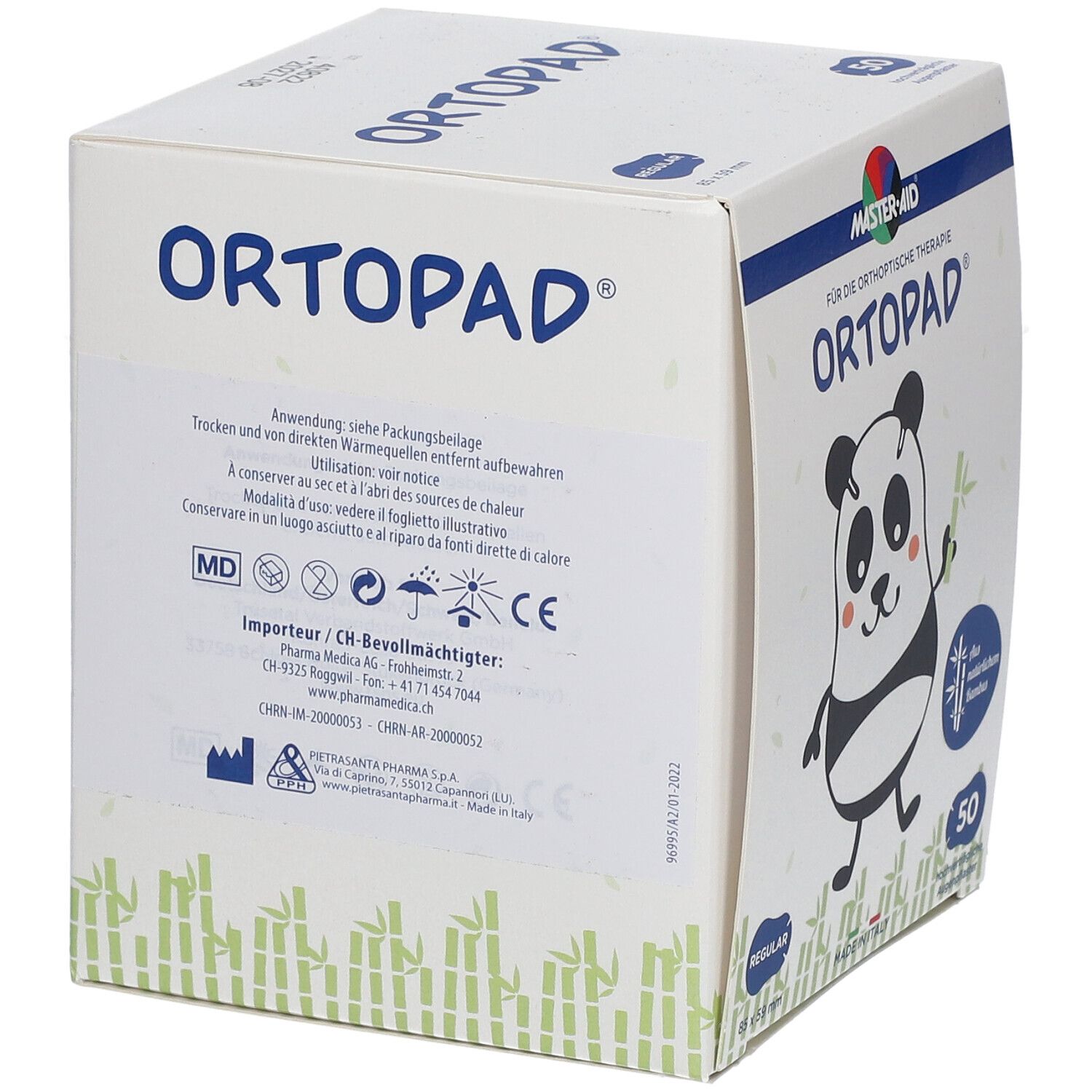 Boîte Ortopad. Instructions d'utilisation. Illustration panda. 50 pièces. Dispositif médical. Détails importateur. Marquage CE.