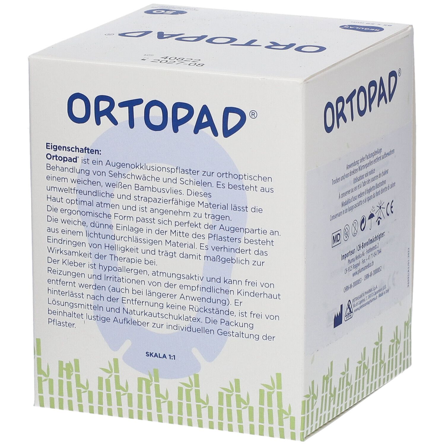 Boîte Ortopad. Description du produit. Pansements oculaires. En non-tissé de bambou. Échelle 1:1. Texte en allemand.