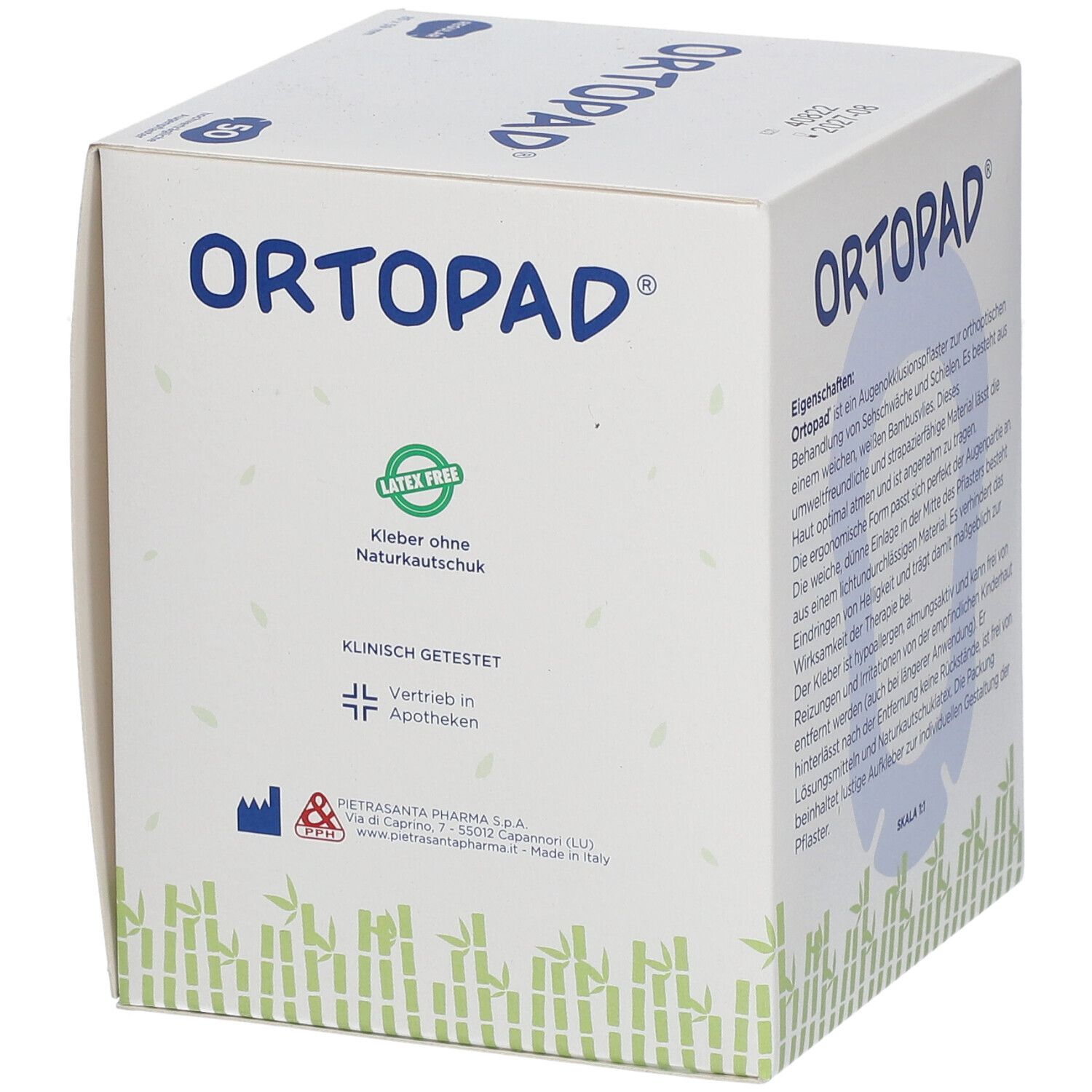 Boîte Ortopad. Sans latex. Testé cliniquement. Logo pharmacie. Texte en allemand.