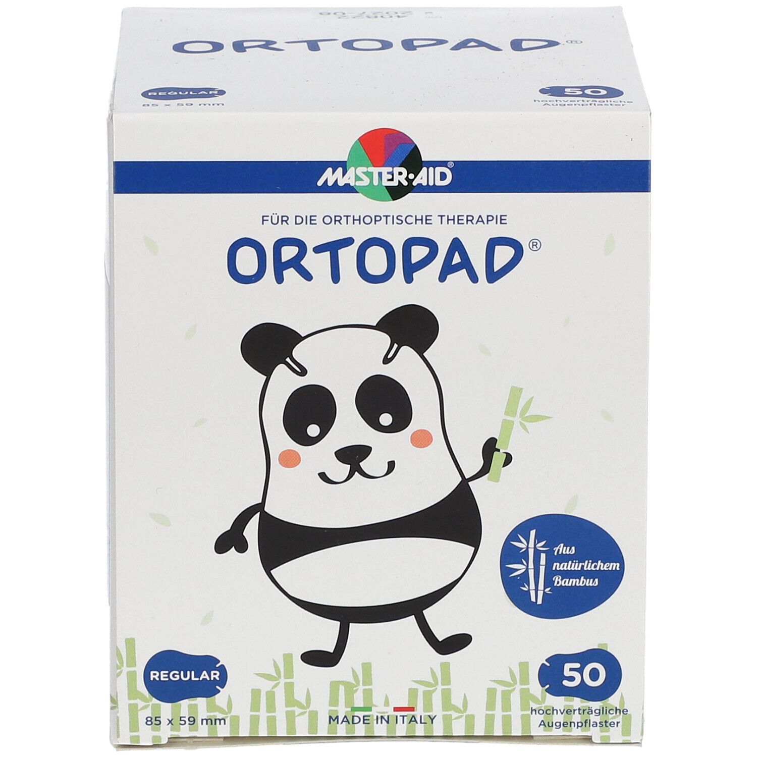 Boîte Ortopad. Illustration panda. 50 pièces. 85x59mm. Logo Master-Aid. Pour thérapie orthoptique. En bambou naturel.