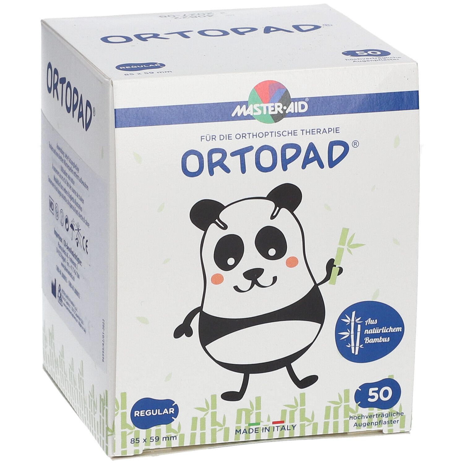 Boîte Ortopad. Illustration panda. 50 pièces. 85x59mm. Logo Master-Aid. Pour thérapie orthoptique. En bambou naturel.