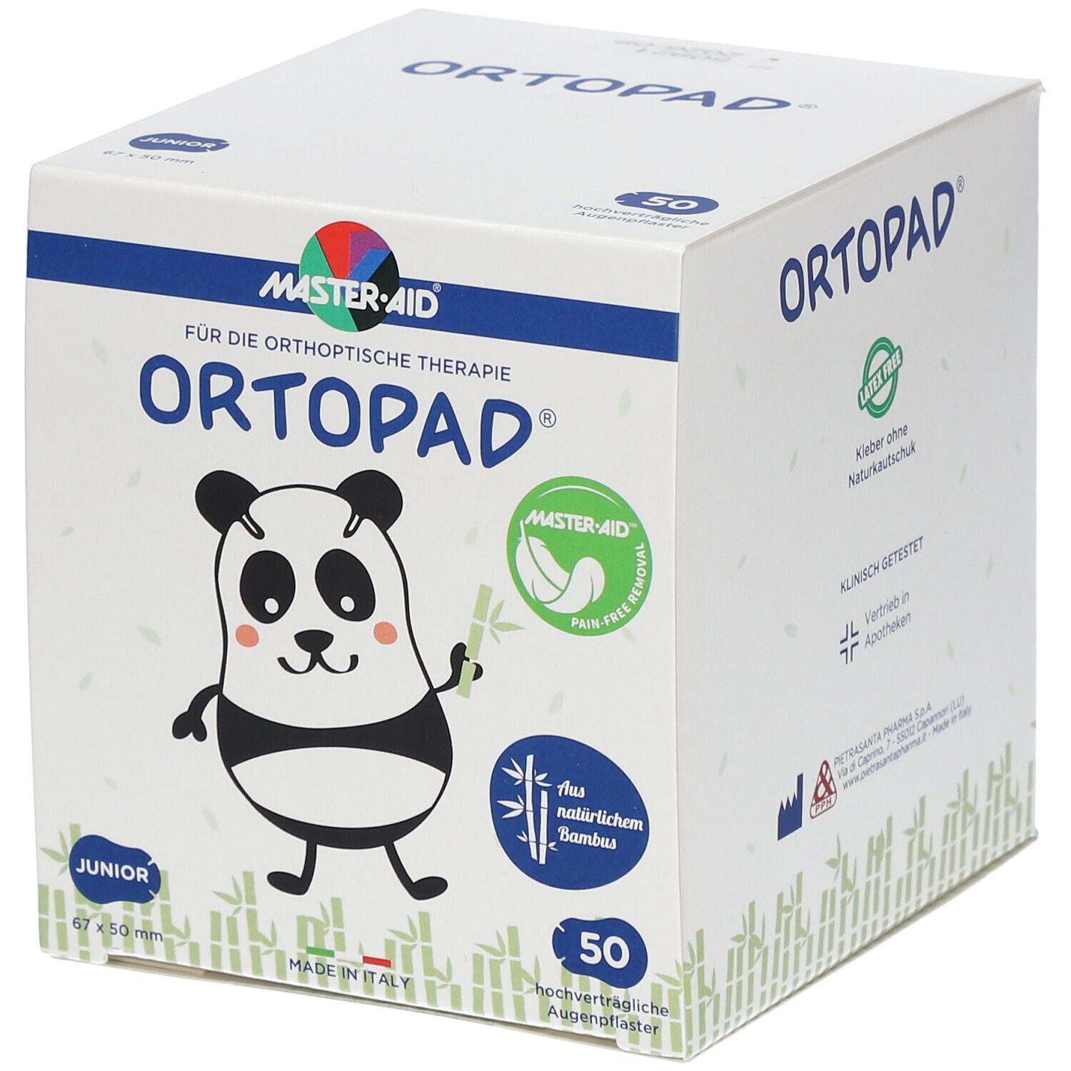 Boîte de compresses oculaires Ortopad Junior. Illustration panda. 50 pièces. 67x50mm. Logo Master-Aid. Mention bambou. Fabriqué en Italie.