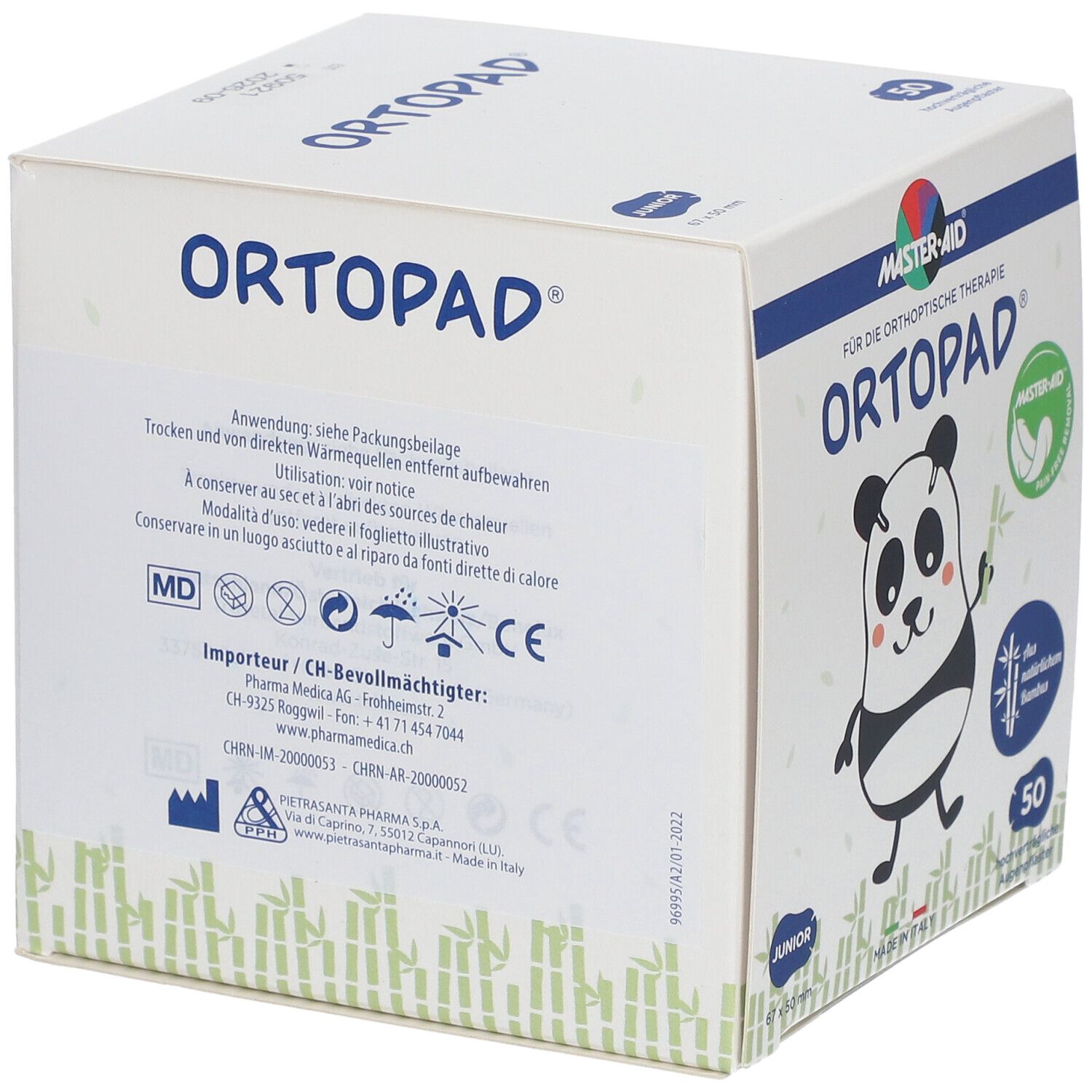 Boîte de compresses oculaires Ortopad Junior. Dos avec texte. 50 pièces. Logo Master-Aid. Illustration panda. Marquage CE. Fabriqué en Italie.