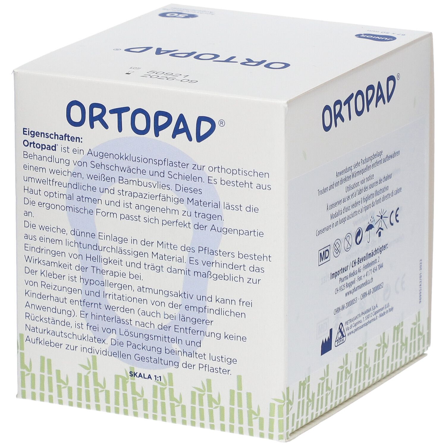 Boîte de compresses oculaires Ortopad. Texte sur le côté. Caractéristiques, ingrédients. 50 pièces. Marquage CE. Échelle 1:1.
