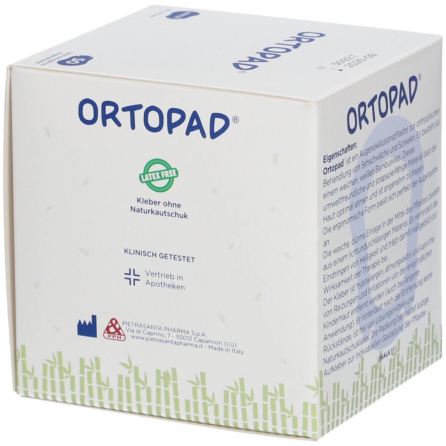 Boîte de compresses oculaires Ortopad. Sans latex. Testé cliniquement. 50 pièces. Dos avec texte. Fabriqué en Italie. Logo pharmacie.
