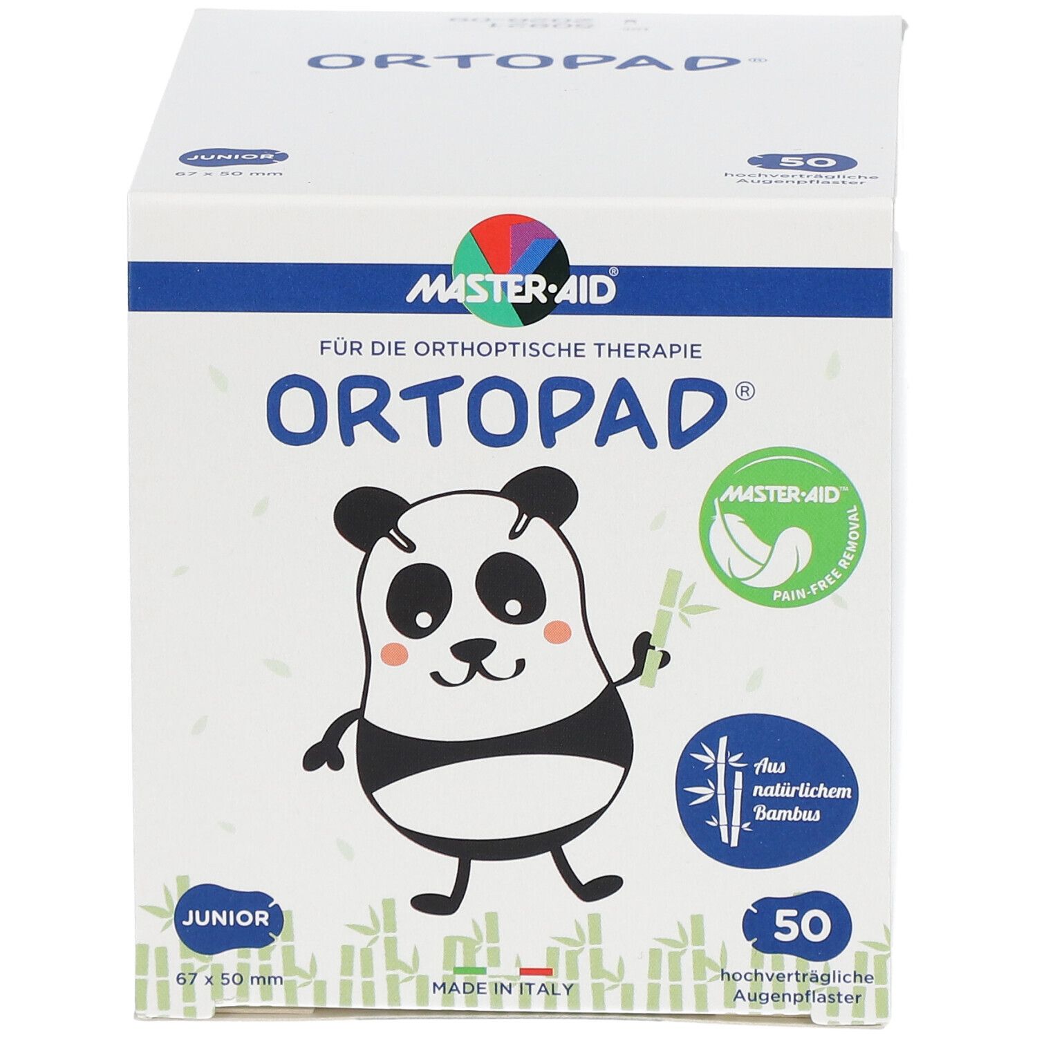 Boîte de compresses oculaires Ortopad Junior. 50 pièces. 67x50mm. Logo Master-Aid. Illustration panda. Mention bambou. Fabriqué en Italie.