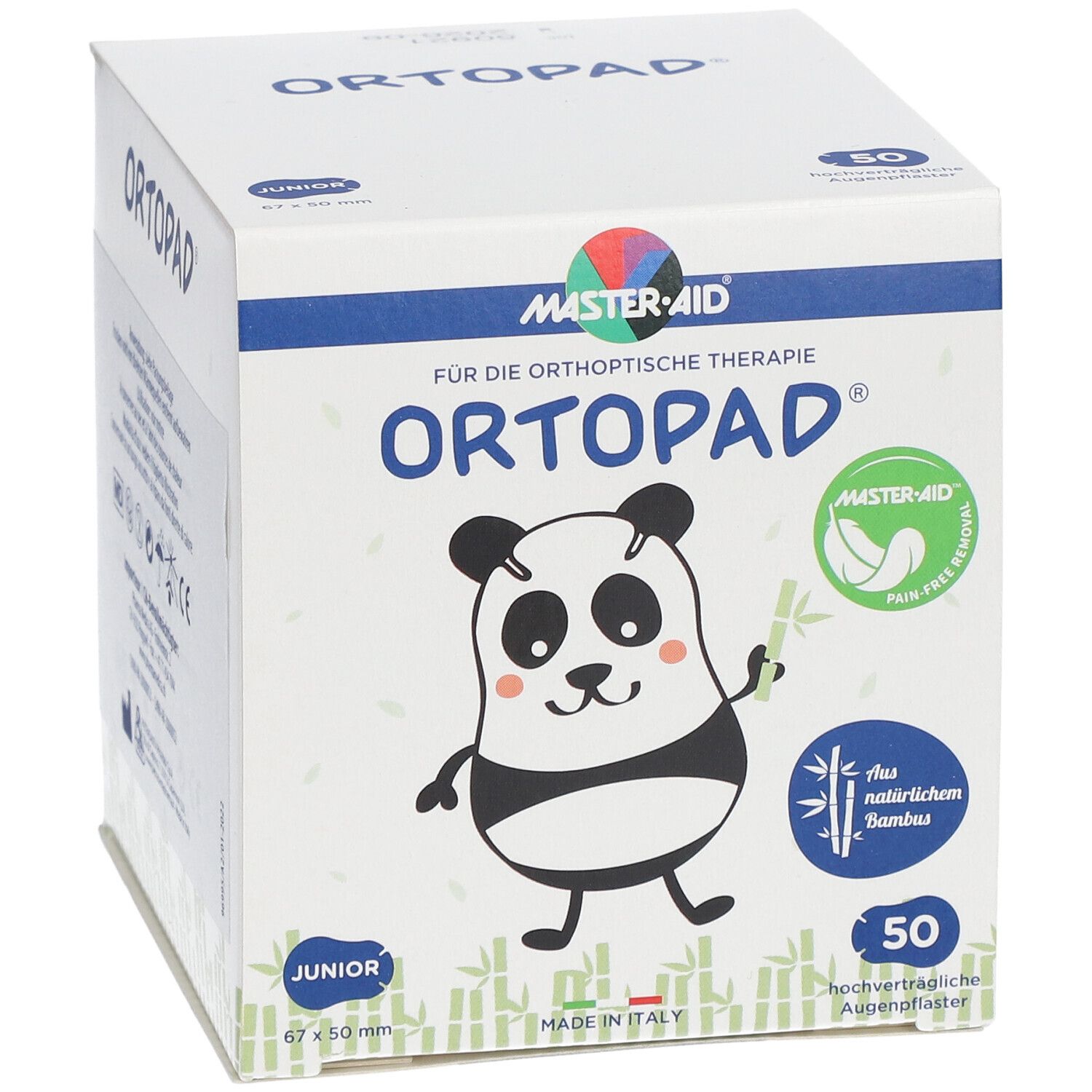 Boîte de compresses oculaires Ortopad Junior. 50 pièces. 67x50mm. Logo Master-Aid. Illustration panda. Mention bambou. Fabriqué en Italie.