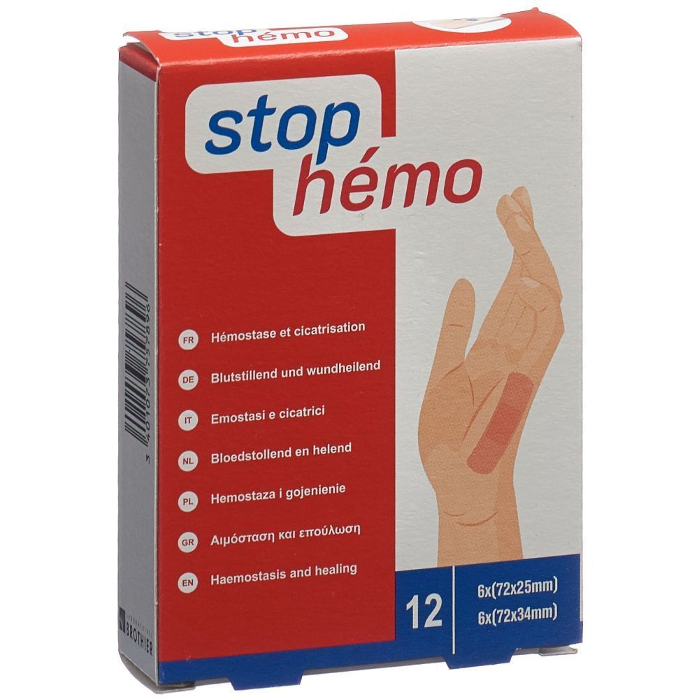 Boîte de pansements. Inscription: stop hémo, 12 unités, dimensions.
