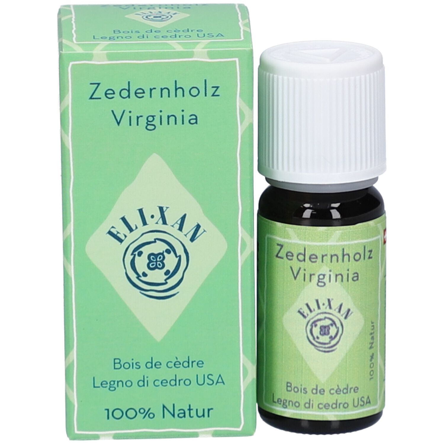 Eli-Xan Zedernholz Virginia ätherisches Öl, 100% Natur. Dunkles Glasfläschchen mit weißem Schraubverschluss und Faltschachtel.