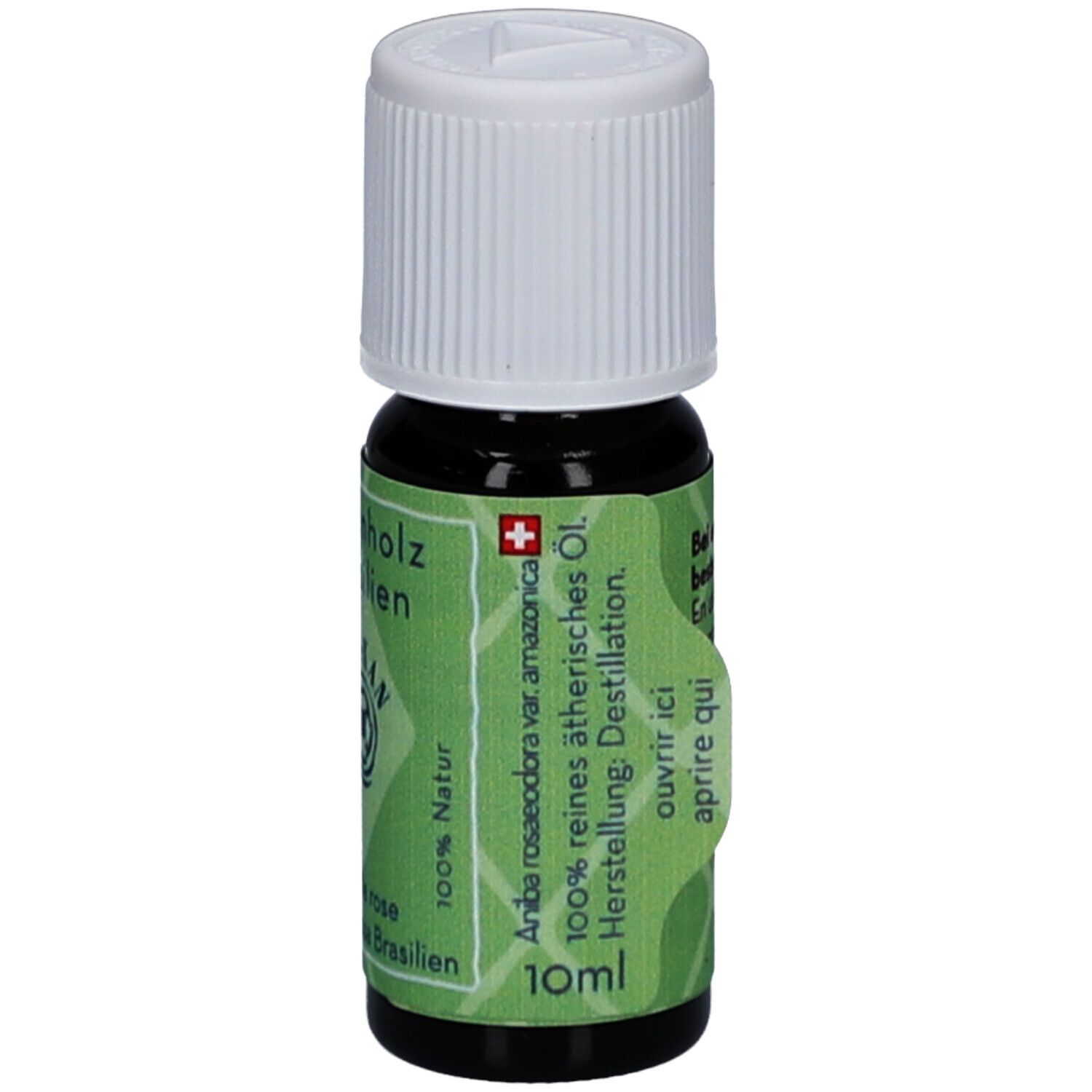 Braune Glasflasche mit weißem Verschluss. Etikett mit Produktinformationen, Schweizer Kreuz und 10ml Angabe.