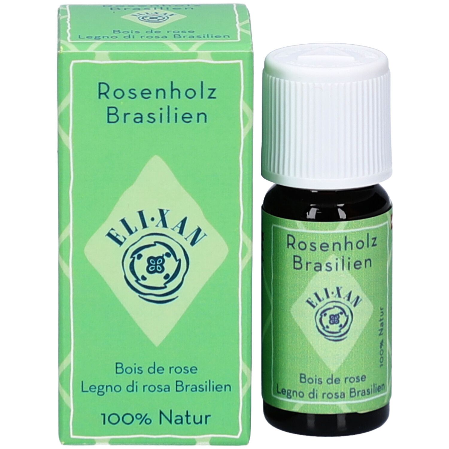Braune Glasflasche mit weißem Verschluss und Kartonverpackung. Etikett mit Produktnamen und Logo.