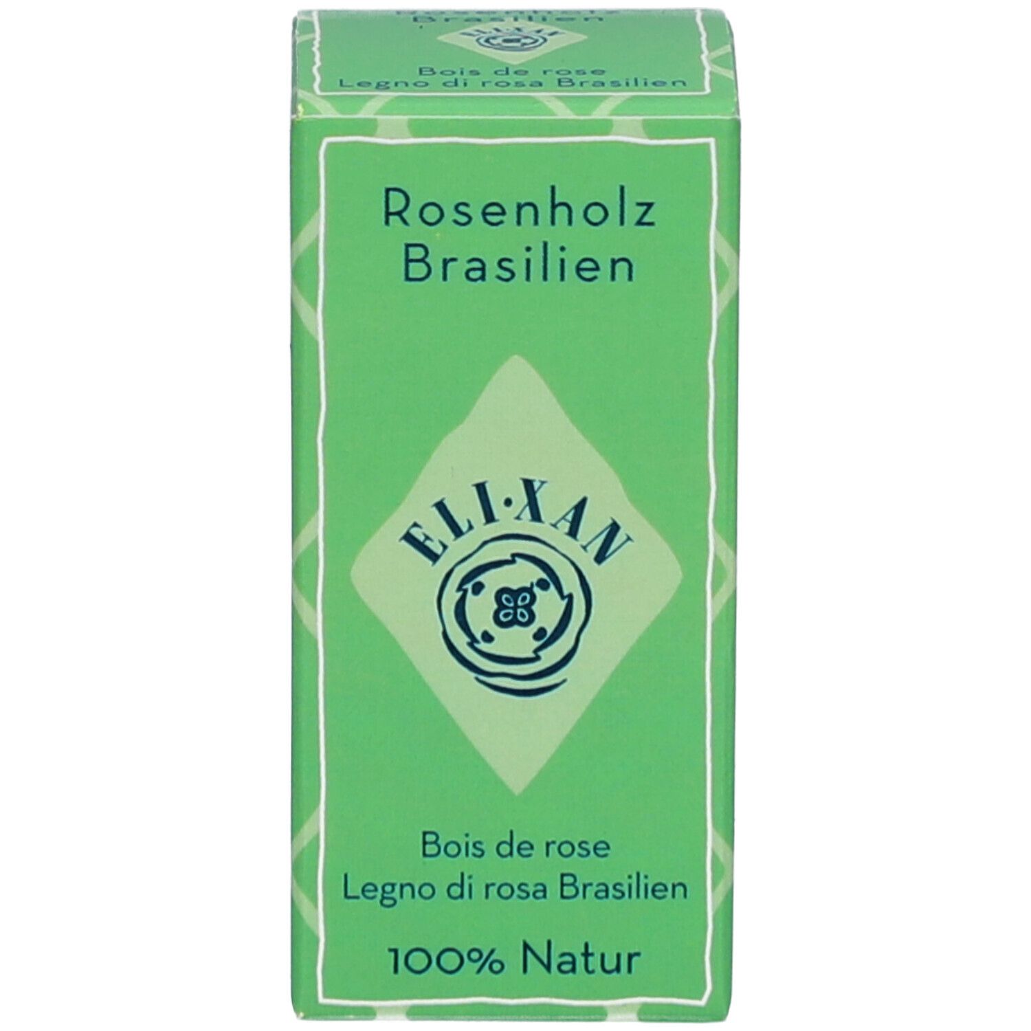 Kartonverpackung mit Produktnamen, Logo und Text in Deutsch, Französisch und Italienisch. Grün und weiß.