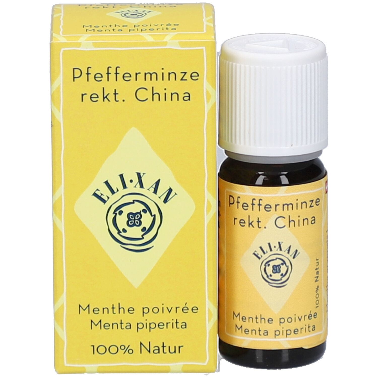 Braune Glasflasche mit weißem Schraubverschluss und gelber Verpackung. Produktbezeichnung und Logo.